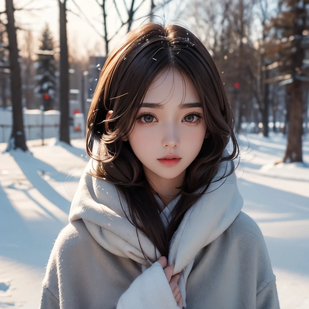 Girl, long soft brown hair, gray eyes, sharp features, white skin, winter style