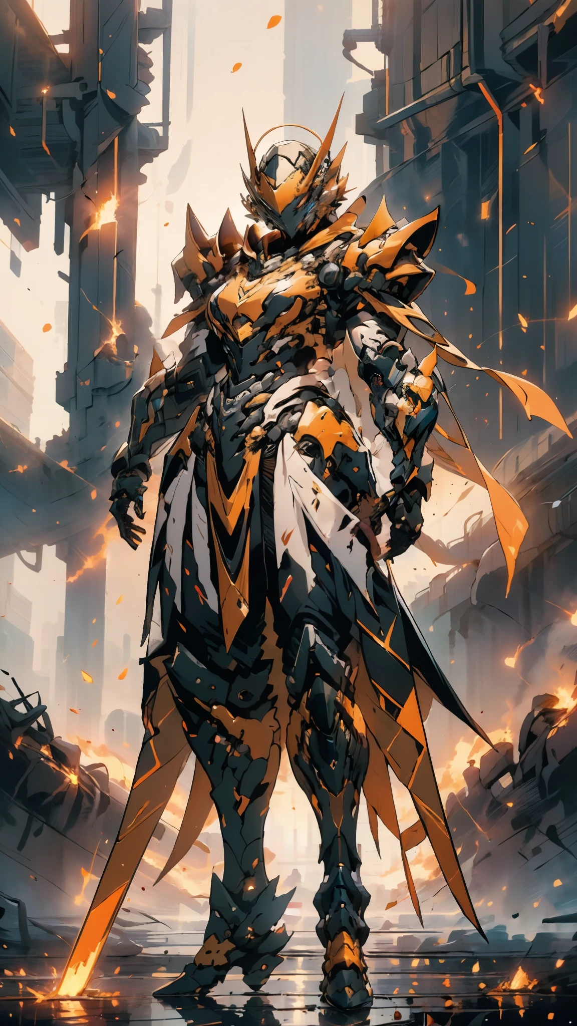 A woman adorned in fantasy-style full-body armor, a crown-concept fully enclosed helmet that unveils only her eyes, a composite layered chest plate, fully encompassing shoulder and hand guards, a lightweight waist armor, form-fitting shin guards, the overall design is heavy-duty yet flexible, ((the armor gleams with a golden glow, complemented by red and blue accents)), exhibiting a noble aura, she floats above a fantasy-surreal high-tech city, this character embodies a finely crafted fantasy-surreal style armored hero in anime style, exquisite and mature manga art style, (Queen bee mixed with Spider concept Armor, plasma, blood), ((Element, energy, elegant, goddess, femminine:1.5)), metallic, high definition, best quality, highres, ultra-detailed, ultra-fine painting, extremely delicate, professional, anatomically correct, symmetrical face, extremely detailed eyes and face, high quality eyes, creativity, RAW photo, UHD, 32k, Natural light, cinematic lighting, masterpiece-anatomy-perfect, masterpiece:1.5