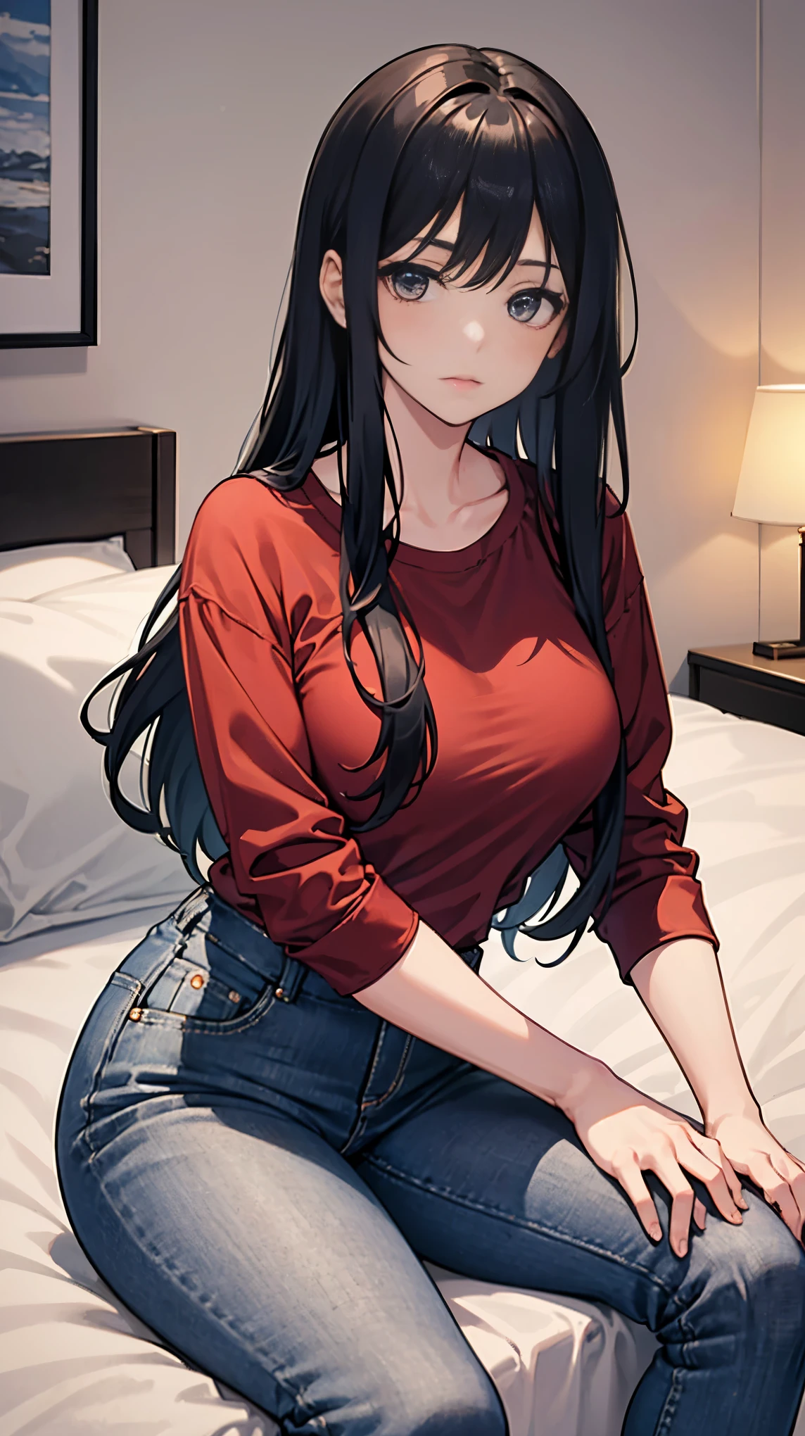 masterpiece:1.5,best quality, perfect face,long black hair,she wears red shirt,Wear black jeans,Big ,sitting on bed