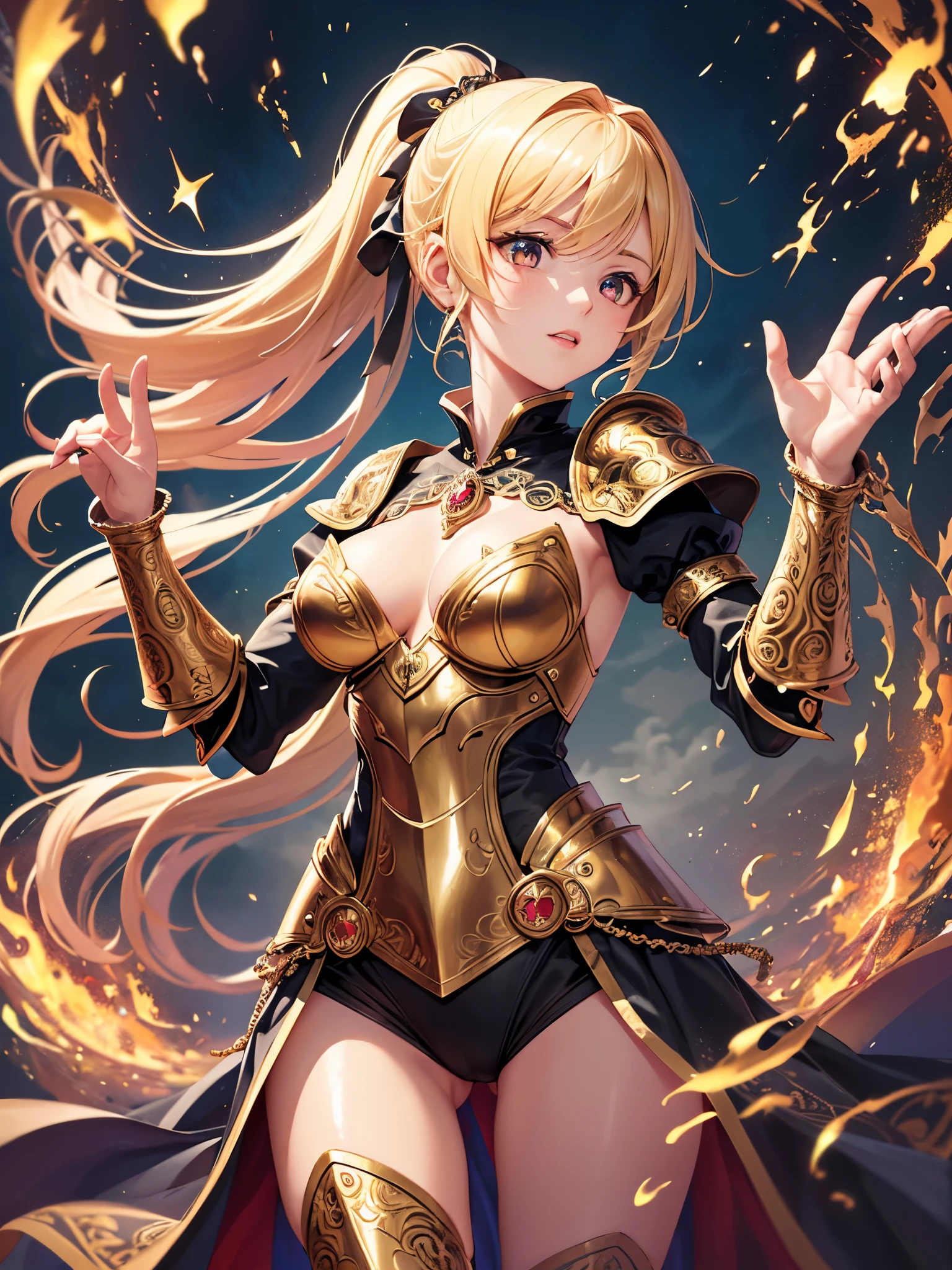 ((highest quality)),(ultra high resolution),(Super detailed),(detailed description),((best CG)),(best work of art),super precision art,amazing drawing art,(Fantasy art with precise details:1.5), (female magic night:1.8),(beautiful and well-shaped face:1.7),(Polished armor with intricately detailed carvings:1.8),(shiny blonde ponytail:1.6), A circlet inlaid with sparkling gems:1.6,A magic circle is floating around her.:1.6,dynamic pose