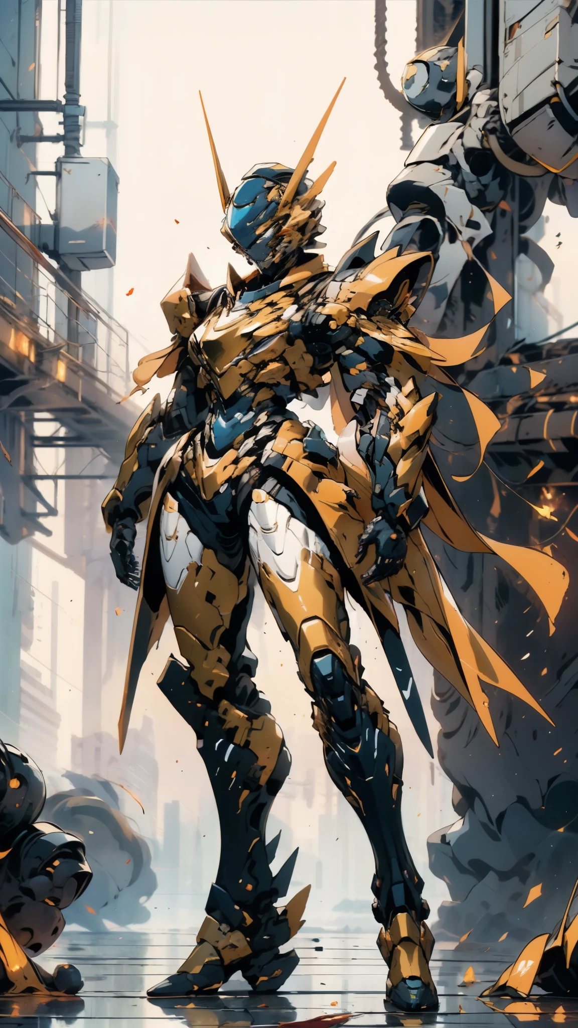 A woman adorned in fantasy-style full-body armor, a crown-concept fully enclosed helmet that unveils only her eyes, a composite layered chest plate, fully encompassing shoulder and hand guards, a lightweight waist armor, form-fitting shin guards, the overall design is heavy-duty yet flexible, ((the armor gleams with a golden glow, complemented by red and blue accents)), exhibiting a noble aura, she floats above a fantasy-surreal high-tech city, this character embodies a finely crafted fantasy-surreal style armored hero in anime style, exquisite and mature manga art style, (Queen bee mixed with Spider concept Armor, plasma, blood), ((Element, energy, elegant, goddess, femminine:1.5)), metallic, high definition, best quality, highres, ultra-detailed, ultra-fine painting, extremely delicate, professional, anatomically correct, symmetrical face, extremely detailed eyes and face, high quality eyes, creativity, RAW photo, UHD, 32k, Natural light, cinematic lighting, masterpiece-anatomy-perfect, masterpiece:1.5