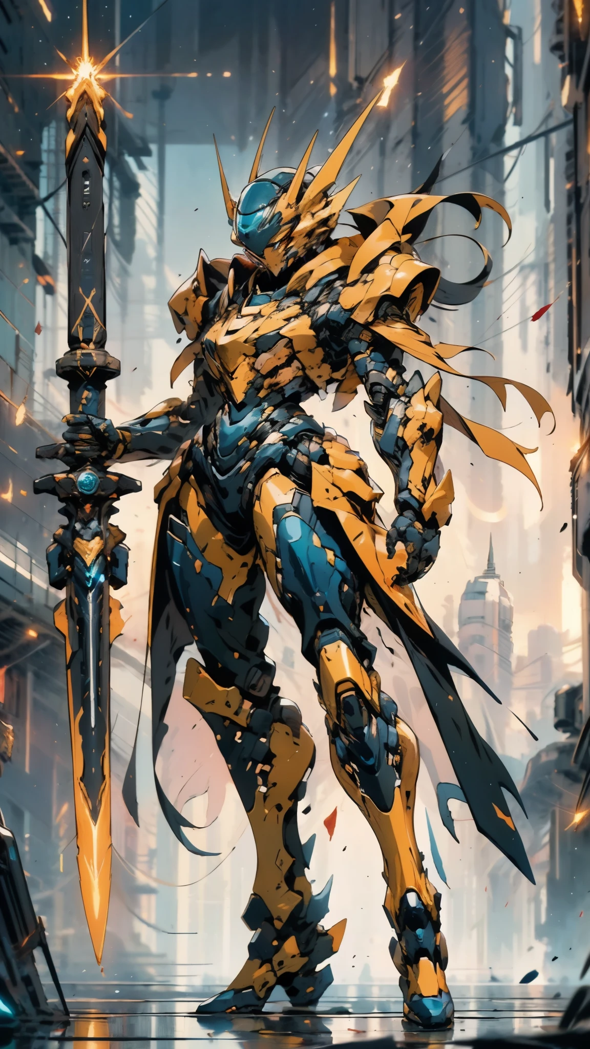 A woman adorned in fantasy-style full-body armor, a crown-concept fully enclosed helmet that unveils only her eyes, a composite layered chest plate, fully encompassing shoulder and hand guards, a lightweight waist armor, form-fitting shin guards, the overall design is heavy-duty yet flexible, ((the armor gleams with a golden glow, complemented by red and blue accents)), exhibiting a noble aura, she floats above a fantasy-surreal high-tech city, this character embodies a finely crafted fantasy-surreal style armored hero in anime style, exquisite and mature manga art style, (Queen bee mixed with Spider concept Armor, plasma, blood), ((Element, energy, elegant, goddess, femminine:1.5)), metallic, high definition, best quality, highres, ultra-detailed, ultra-fine painting, extremely delicate, professional, anatomically correct, symmetrical face, extremely detailed eyes and face, high quality eyes, creativity, RAW photo, UHD, 32k, Natural light, cinematic lighting, masterpiece-anatomy-perfect, masterpiece:1.5