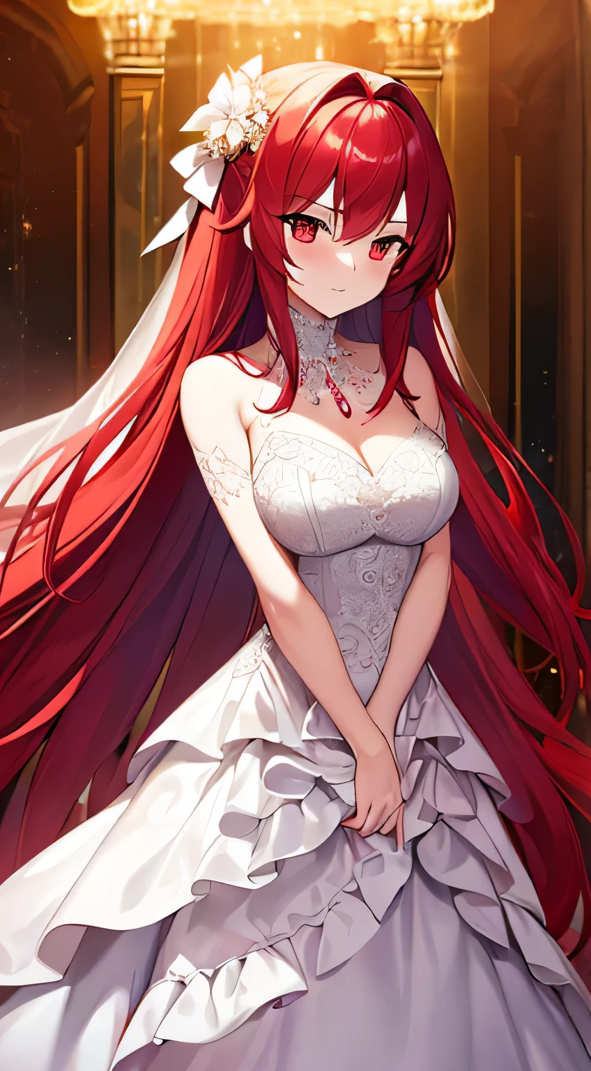 1girl in a masterpiece high-resolution illustration, with long red hair cascading down her shoulders, adorned in a stunning wedding dress. The room is filled with the romantic theme of a wedding, with bridal lingerie delicately peeking out from beneath the layers of her beautiful gown. Her eyes reflect a sense of joy and excitement, with sonic edges enhancing the crispness of every detail. Rias Gremory's elegant figure stands out against the simple, clean background, her long red hair adding a touch of drama to the scene. Her dress, adorned with intricate beading and lace, shimmers in the light, and the long train flows grace
