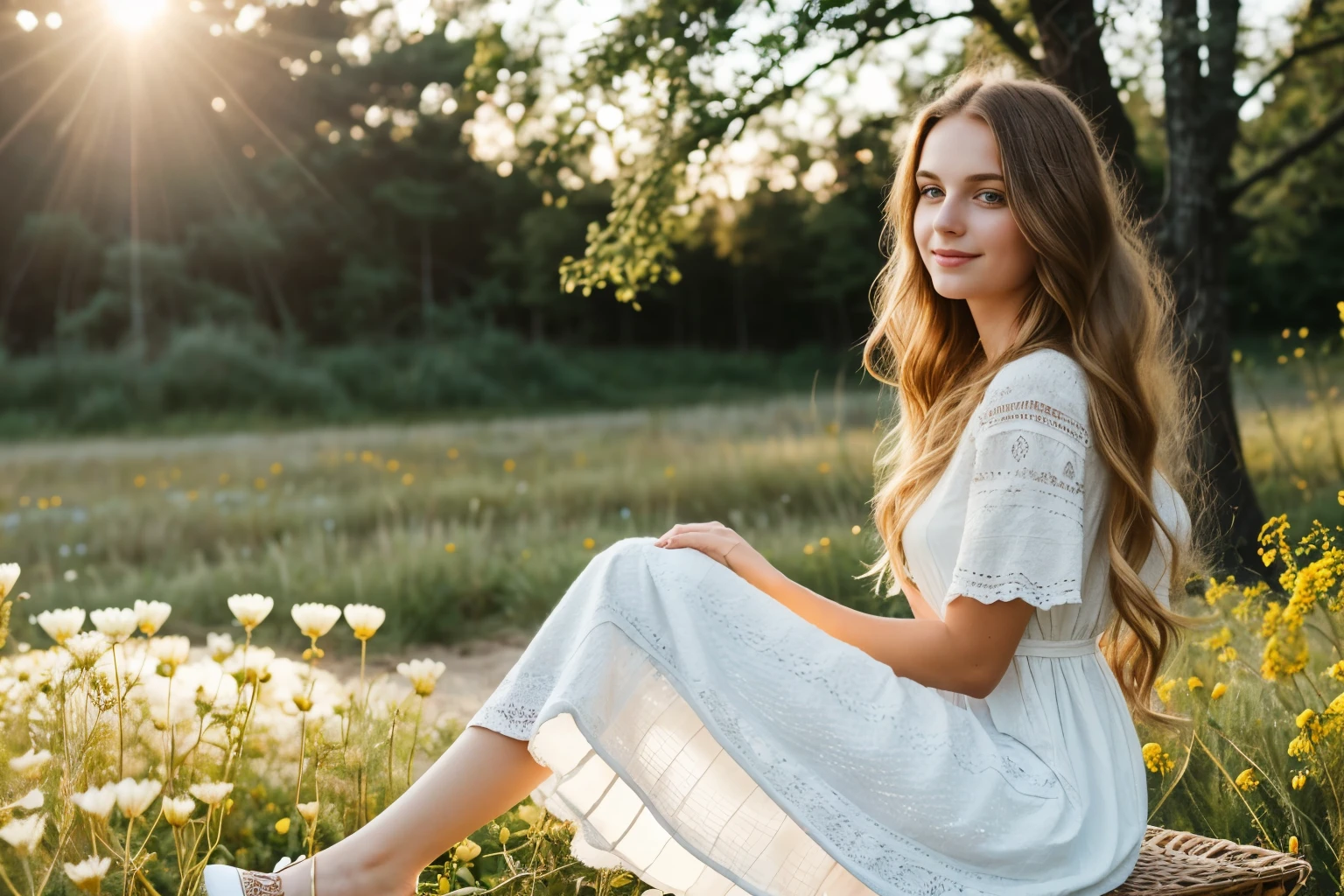 Photo of a radiant farm girl in a white cotton dress and blue jeans, with long hair gently blowing in the wind, she sits in an ultra-detailed wild backyard, holding a bunch of fresh and desirable flowers, her friendly expression invites the viewer, high definition, HD, capturing every intricate detail of her beautiful features and textured clothing, the wind gently caressing her hair and the sun casting elegant highlights on her face, the scene bursting with life and genuine warmth.