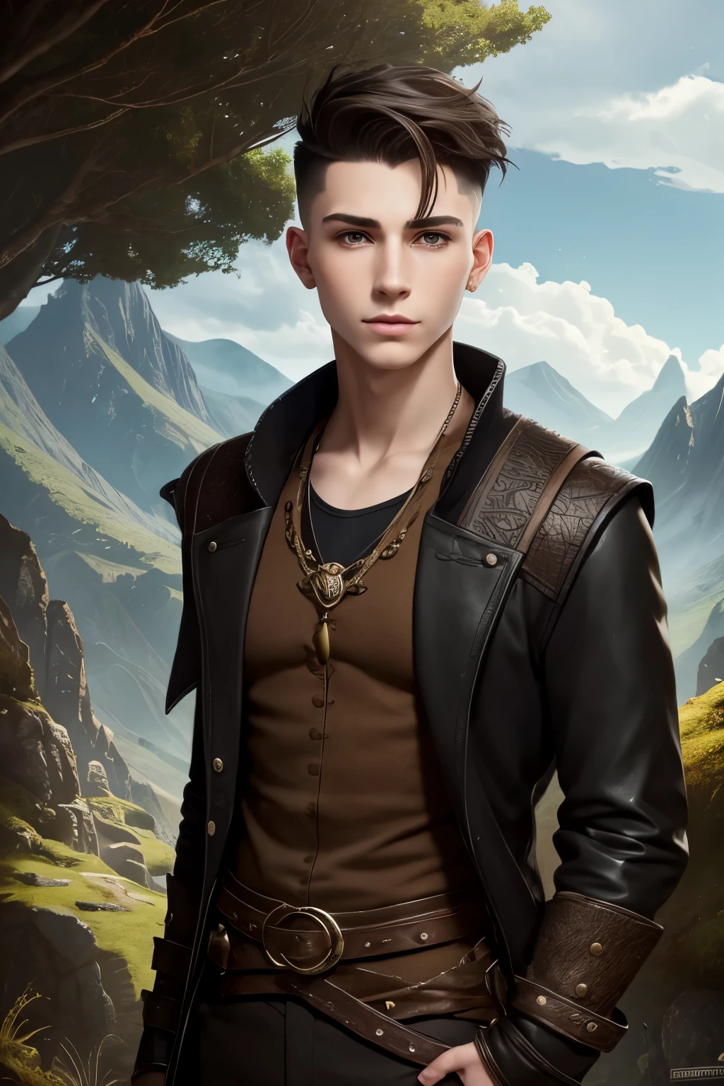 Fullbody portrait of an androgynous young male socerer with a undercut. Kind. Friendly. Happy. Very short haircut. Dark-brown hair with a undercut. Sides shaved. A soft narrow face with a lot of freckles. Long neck. Soft round chin. Wide forehead. Very thin barley visible eyebrows. Big upturned eyes. Dark-brown eyecolour. Long wide nose. Soft curved lips. Very pale skin with liverspots. Slim body. Black boots. Wearing D&D style clothing. Outfit of an Adventuerer. Beautiful colourful fantasy landscape with hills and forests. 
