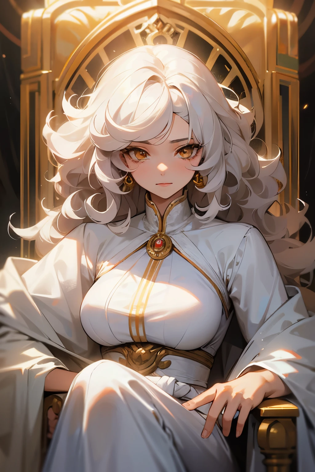 aging woman, professional, curly hair, white clothes, royalty, white eyes, young, muscular, golden eyes