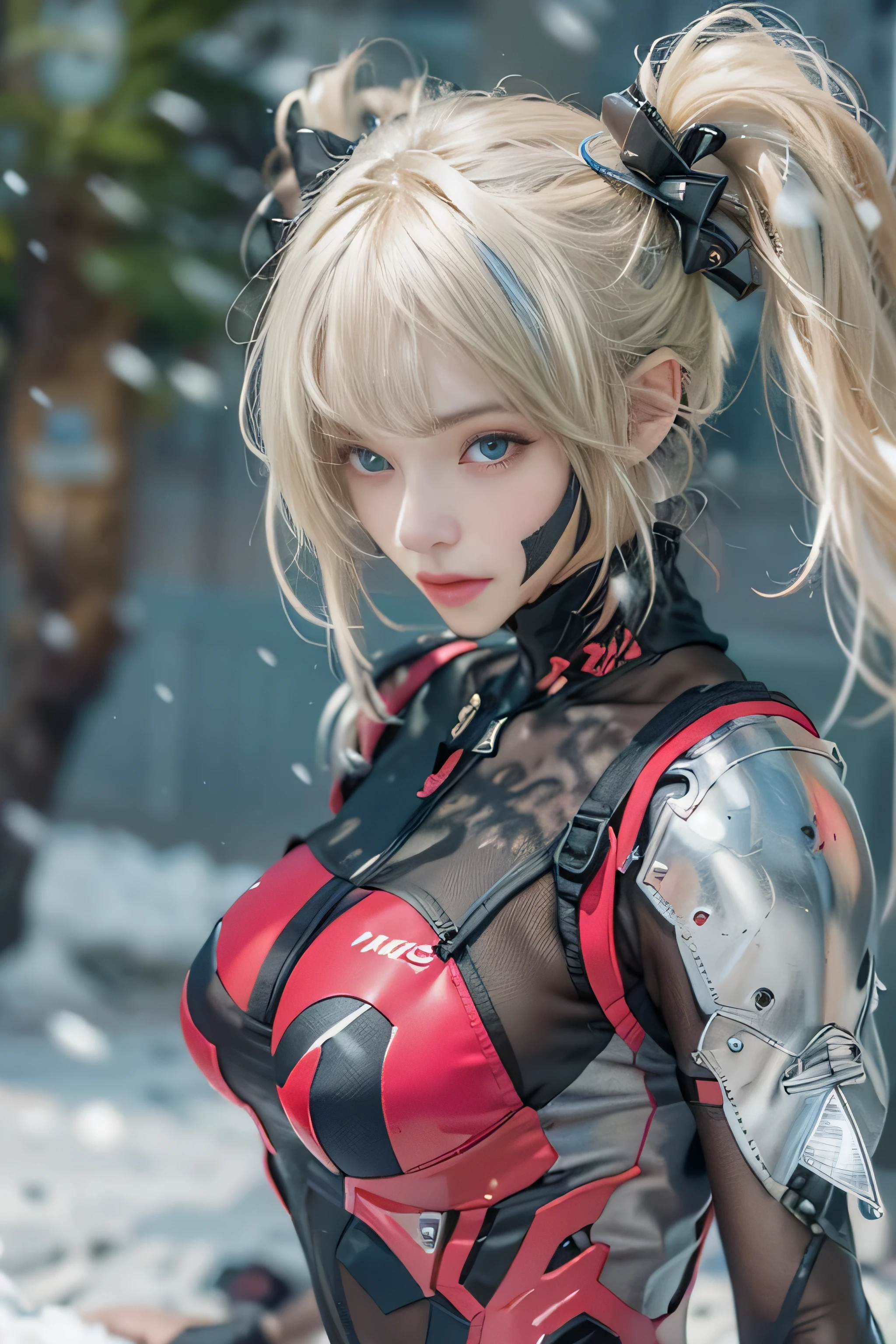 (photorealistic:1.8, highest quality:1.8,8K masterpiece:1.8,High resolution,muste piece:1.8),One 23 year old woman,(metallic gloss red plug suit,high leg swimsuit,choker),beautiful thighs, face,details face,detailed lip,beautiful detailed blue eyes:1.7,double eyelid:1.6,long eyelashes,beautiful skin:1.8, (looking at the camera:1.5),(View from the front:1.3),( midium hair:1.2,twin tails,Beautiful shining blue blonde hair:1.5), expression(Disdainful:1.3,face turns red:1.3),Pause(Seductive pose:1.5),(Moderate chest:1.3),background(snowy mountain area:1.5),anatomically correct,normal hands:1.5,normal finger:1:5,normal feet:1.5,(cameltoe)