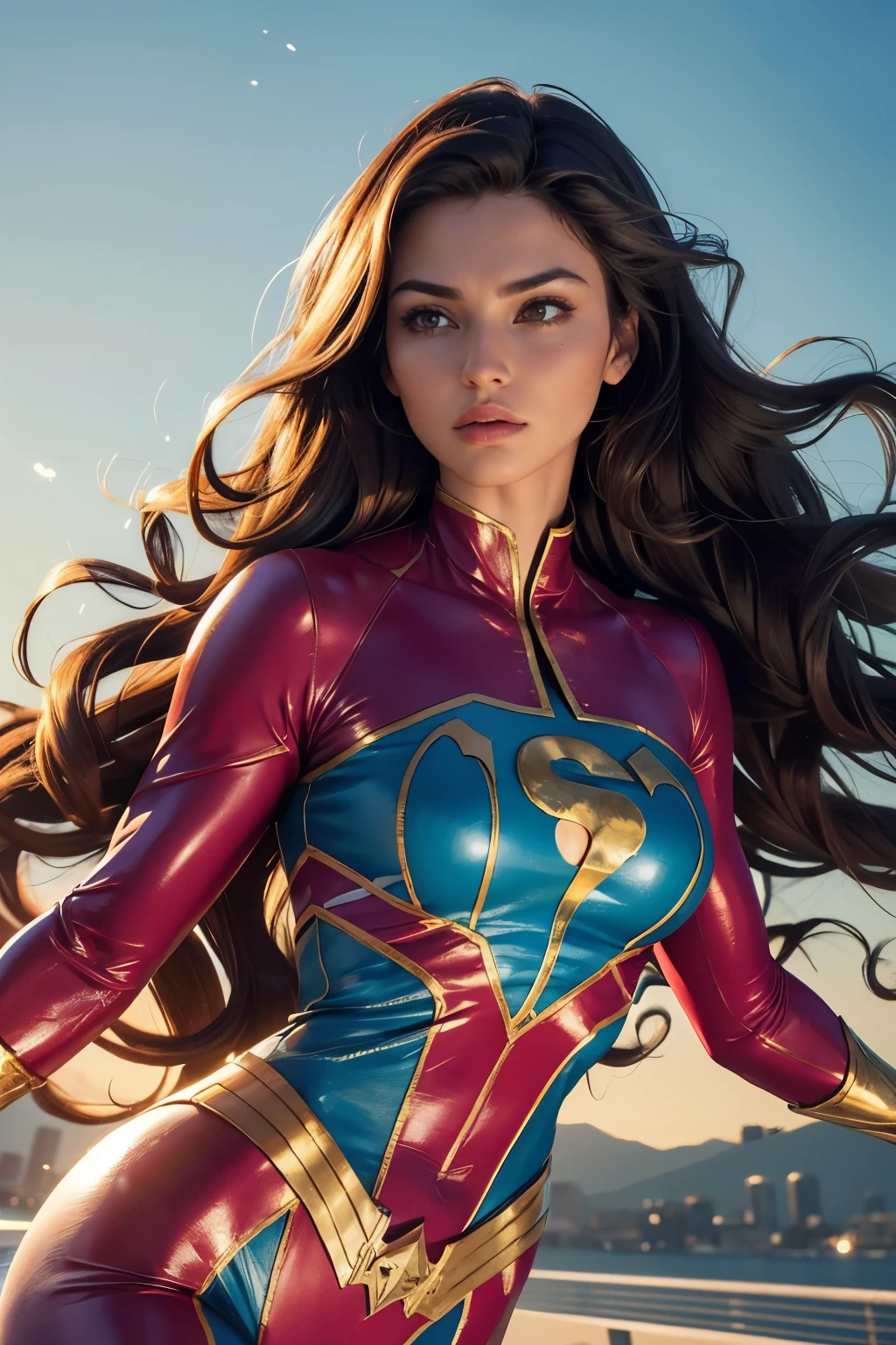Realistic Super Hero Flying Woman, Masterpiece, Best Quality, High Contrast, (Photorealistic:1.4), 8k High Definition Detailed Realistic, (Best Quality, Masterpiece:1.2), Physically-Based Rendering, Best Quality, Highly Detailed, 1 Woman, Caped, Flying, ((Upper Body in Motion, Muscular Frame)), ((Colorful Costume, Bright and Vibrant)), legacy effects, Cinematic Lighting, ((Dynamic Poses, Flying Postures)), (Beautiful Face, Strong Jawline, Defined Cheekbones), ((Long, Wavy Hair, Hair Trails behind)), (((