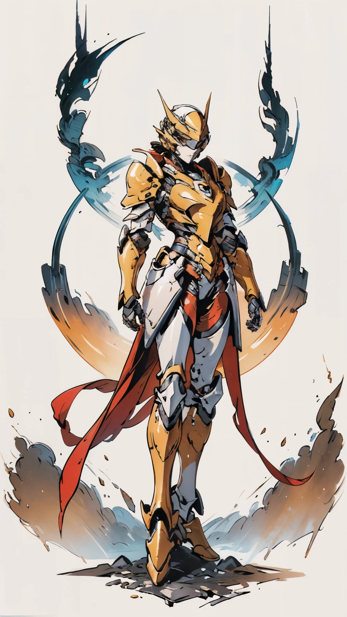 A woman adorned in fantasy-style full-body armor, a crown-concept fully enclosed helmet that unveils only her eyes, a composite layered chest plate, fully encompassing shoulder and hand guards, a lightweight waist armor, form-fitting shin guards, the overall design is heavy-duty yet flexible, ((the armor gleams with a golden glow, complemented by red and blue accents)), exhibiting a noble aura, she floats above a fantasy-surreal high-tech city, this character embodies a finely crafted fantasy-surreal style armored hero in anime style, exquisite and mature manga art style, (Queen bee mixed with Spider concept Armor, plasma, blood), ((Element, energy, elegant, goddess, femminine:1.5)), metallic, high definition, best quality, highres, ultra-detailed, ultra-fine painting, extremely delicate, professional, anatomically correct, symmetrical face, extremely detailed eyes and face, high quality eyes, creativity, RAW photo, UHD, 32k, Natural light, cinematic lighting, masterpiece-anatomy-perfect, masterpiece:1.5