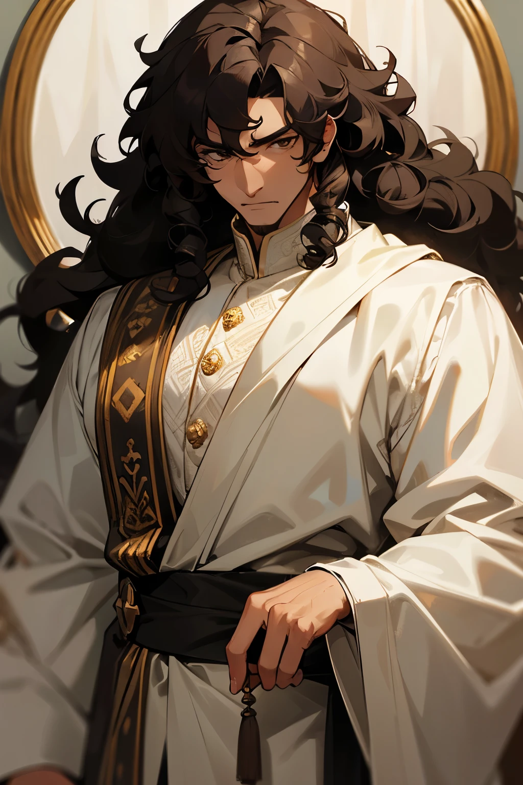 professional, black curly hair, white clothes, royalty, brown eyes, young, muscular, golden eyes, old man

