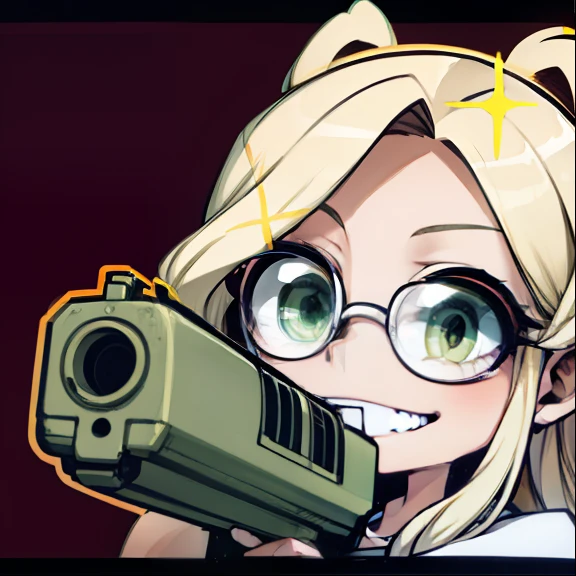 Blonde hair, (glasses), green eyes, holding gun, smiling