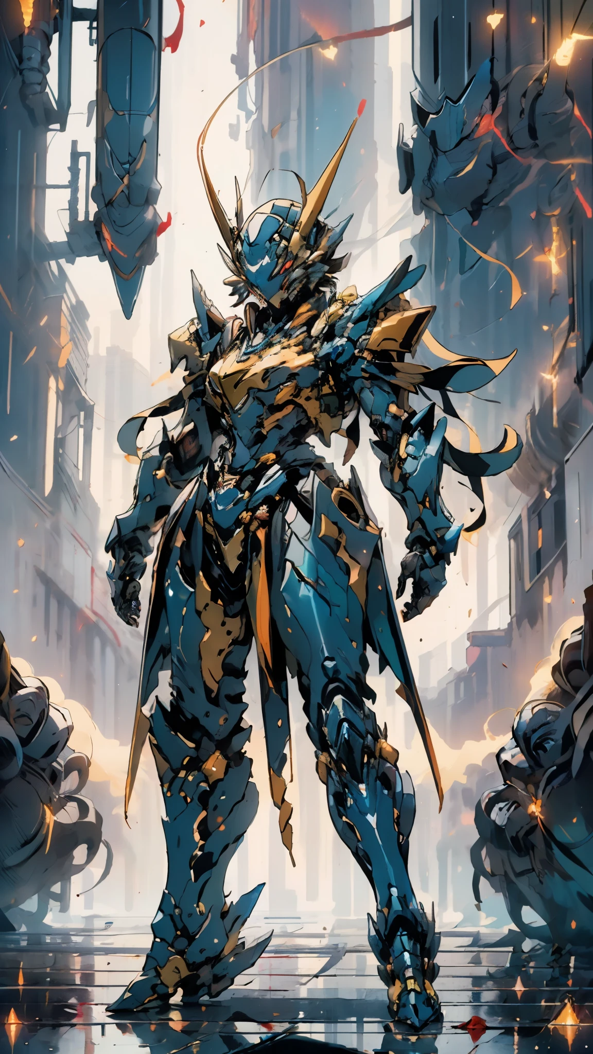 A woman adorned in fantasy-style full-body armor, a crown-concept fully enclosed helmet that unveils only her eyes, a composite layered chest plate, fully encompassing shoulder and hand guards, a lightweight waist armor, form-fitting shin guards, the overall design is heavy-duty yet flexible, ((the armor gleams with a golden glow, complemented by red and blue accents)), exhibiting a noble aura, she floats above a fantasy-surreal high-tech city, this character embodies a finely crafted fantasy-surreal style armored hero in anime style, exquisite and mature manga art style, (Queen bee mixed with Spider concept Armor, plasma, blood), ((Element, energy, elegant, goddess, femminine:1.5)), metallic, high definition, best quality, highres, ultra-detailed, ultra-fine painting, extremely delicate, professional, anatomically correct, symmetrical face, extremely detailed eyes and face, high quality eyes, creativity, RAW photo, UHD, 32k, Natural light, cinematic lighting, masterpiece-anatomy-perfect, masterpiece:1.5