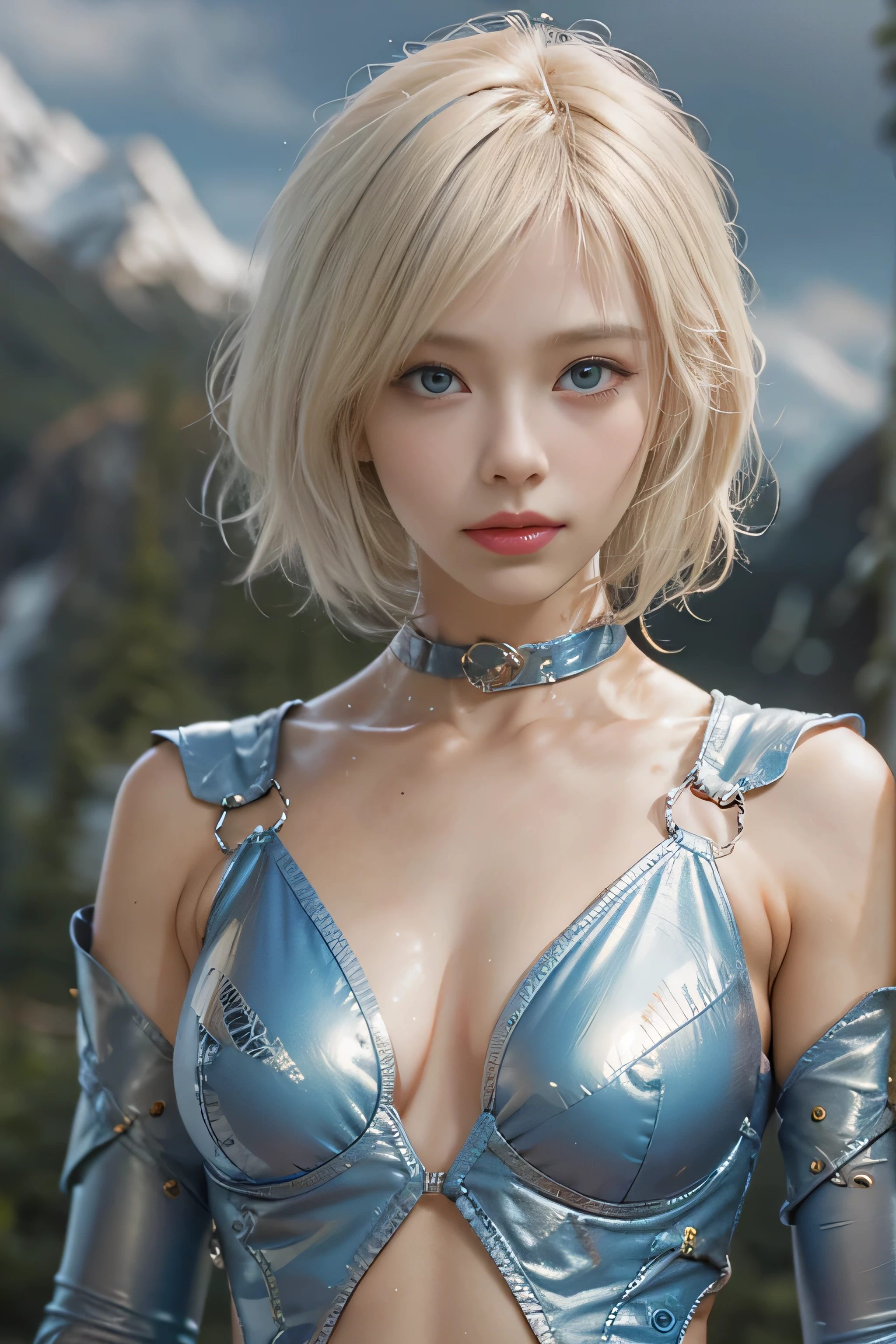 (photorealistic:1.8, highest quality:1.8,8K masterpiece:1.8,High resolution,muste piece:1.8),One 23 year old woman,(whole body:1.3),(High-leg metallic gloss red plug suit,choker),beautiful thighs,small detailed face,detailed lip,beautiful detailed blue eyes:1.7,double eyelid:1.6,long eyelashes,beautiful skin:1.8, (looking at the camera:1.5),(View from the front:1.3),( short hair:1.2,Beautiful shining blue blonde hair:1.5), expression(Disdainful:1.3,face turns red:1.3),Pause(Seductive pose:1.5),(Moderate chest:1.3),background(snowy mountain area:1.5),anatomically correct,normal hands:1.5,normal finger:1:5,normal feet:1.5,(cameltoe)