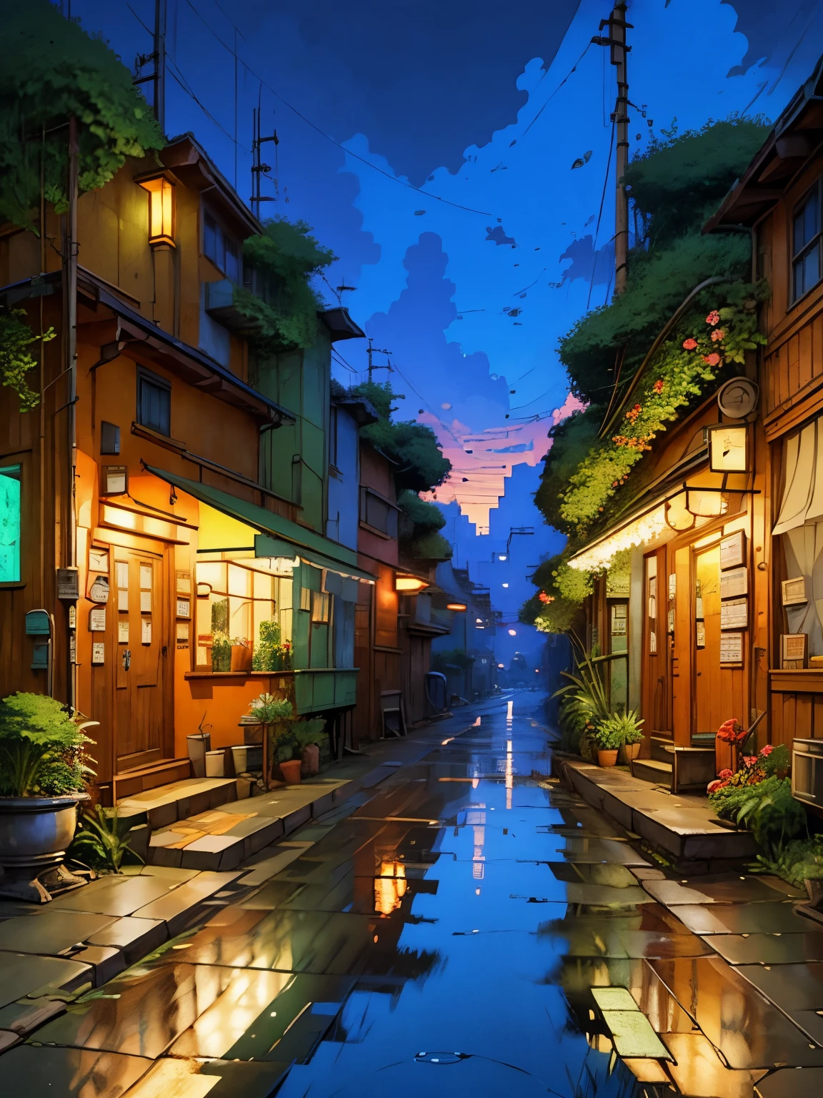 City flower shop, potted plants, flower, rainny night,water reflection puddle,oriental design, hanging lights , digital painting, sunset,wind up,concept art, illustration, intricate, many people, hanging lights, happy, beautiful colorful light, flower, plants ((tileset)) Anime - City street style scene, a woman waiting in front of a store, anime background art, detailed scenery - width 672, anime landscape concept art, anime style cityscape, Studio Ghibli anime style, Studio Ghibli art style, Studio Ghibli program, anime landscape, Studio Ghibli art style, Landscape artwork, Beautiful anime landscape, Forest city street, Ghibli art style, cake shop, cake shop, bakery cake shop, Makoto Shinkai style, Makoto Shinkai anime, Shinkai Makoto art style