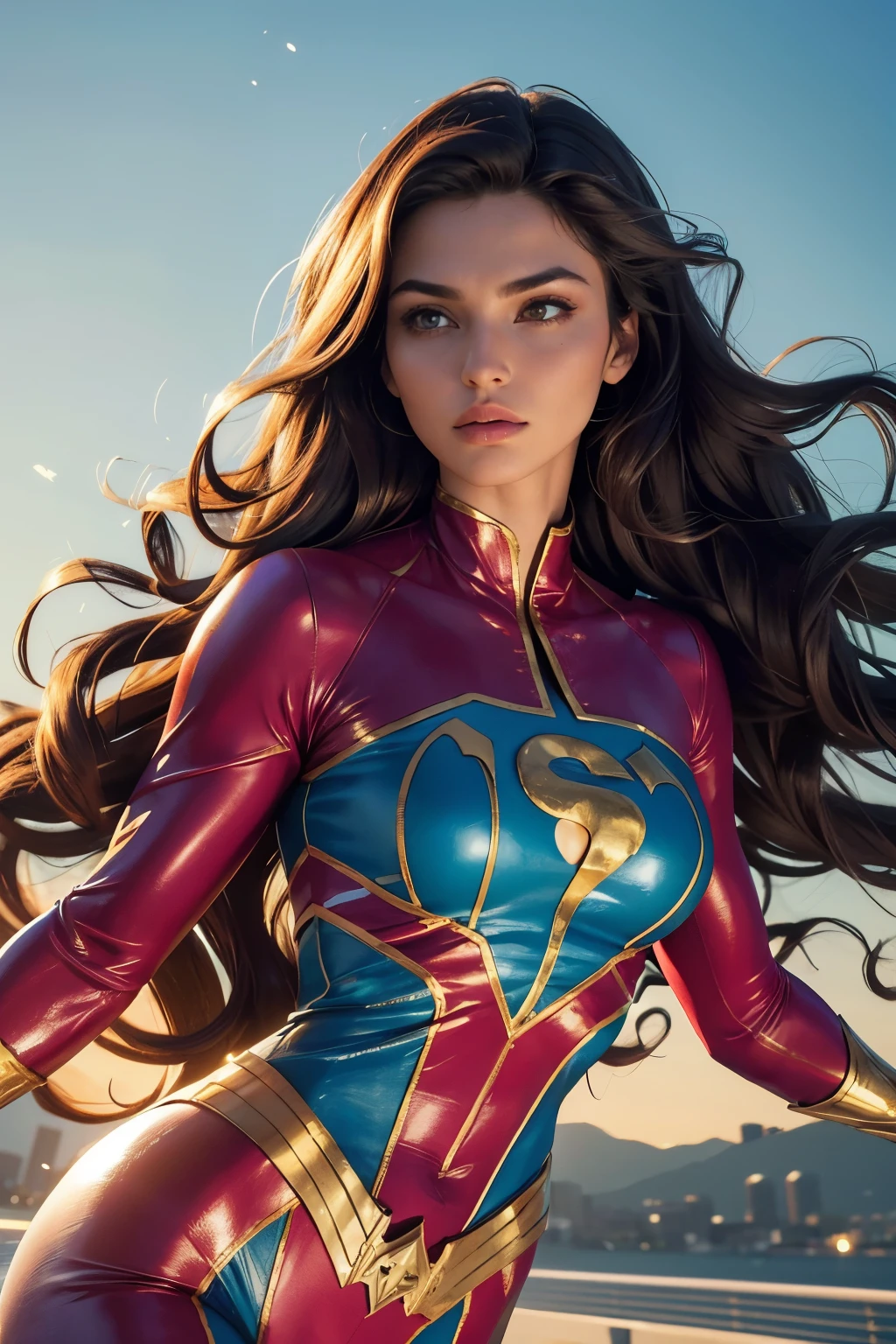 Realistic Super Hero Flying Woman, Masterpiece, Best Quality, High Contrast, (Photorealistic:1.4), 8k High Definition Detailed Realistic, (Best Quality, Masterpiece:1.2), Physically-Based Rendering, Best Quality, Highly Detailed, 1 Woman, Caped, Flying, ((Upper Body in Motion, Muscular Frame)), ((Colorful Costume, Bright and Vibrant)), legacy effects, Cinematic Lighting, ((Dynamic Poses, Flying Postures)), (Beautiful Face, Strong Jawline, Defined Cheekbones), ((Long, Wavy Hair, Hair Trails behind)), (((
