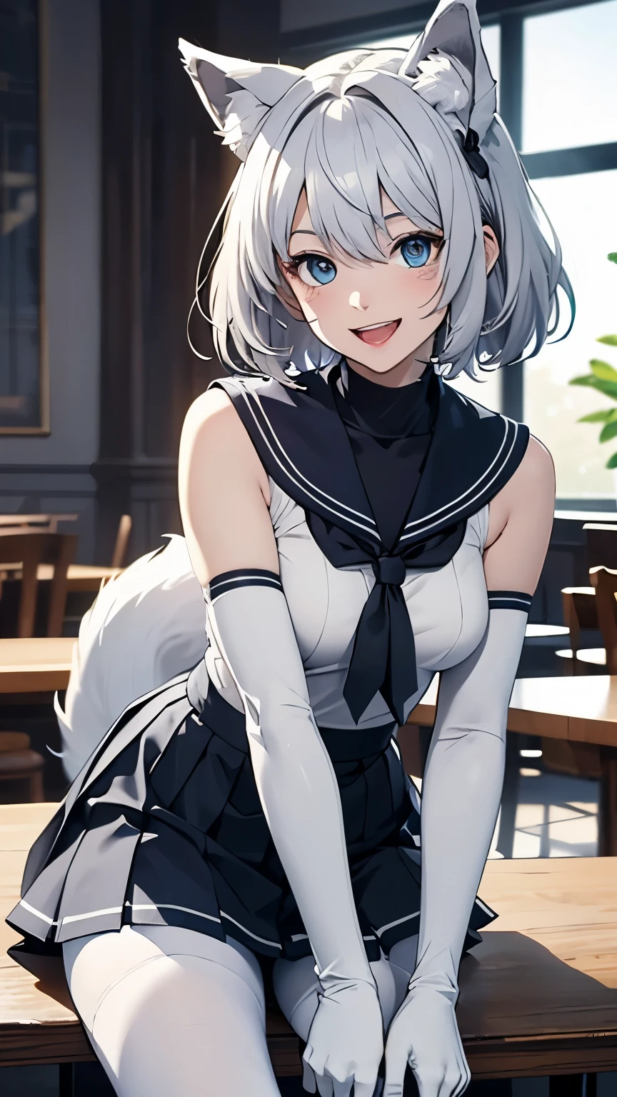 table top　High level image quality　best image quality　8k　 adult woman　portrait　white long gloves（elbow gloves）　white pantyhose　sailor suit（Sleeveless mini skirt　white wolf ears　short hair（（shortcut）（gray hair）（perm）（fluffy））　eye color is blue　fascinating face（（laughter）（smile）（open your mouth））　beautiful feet