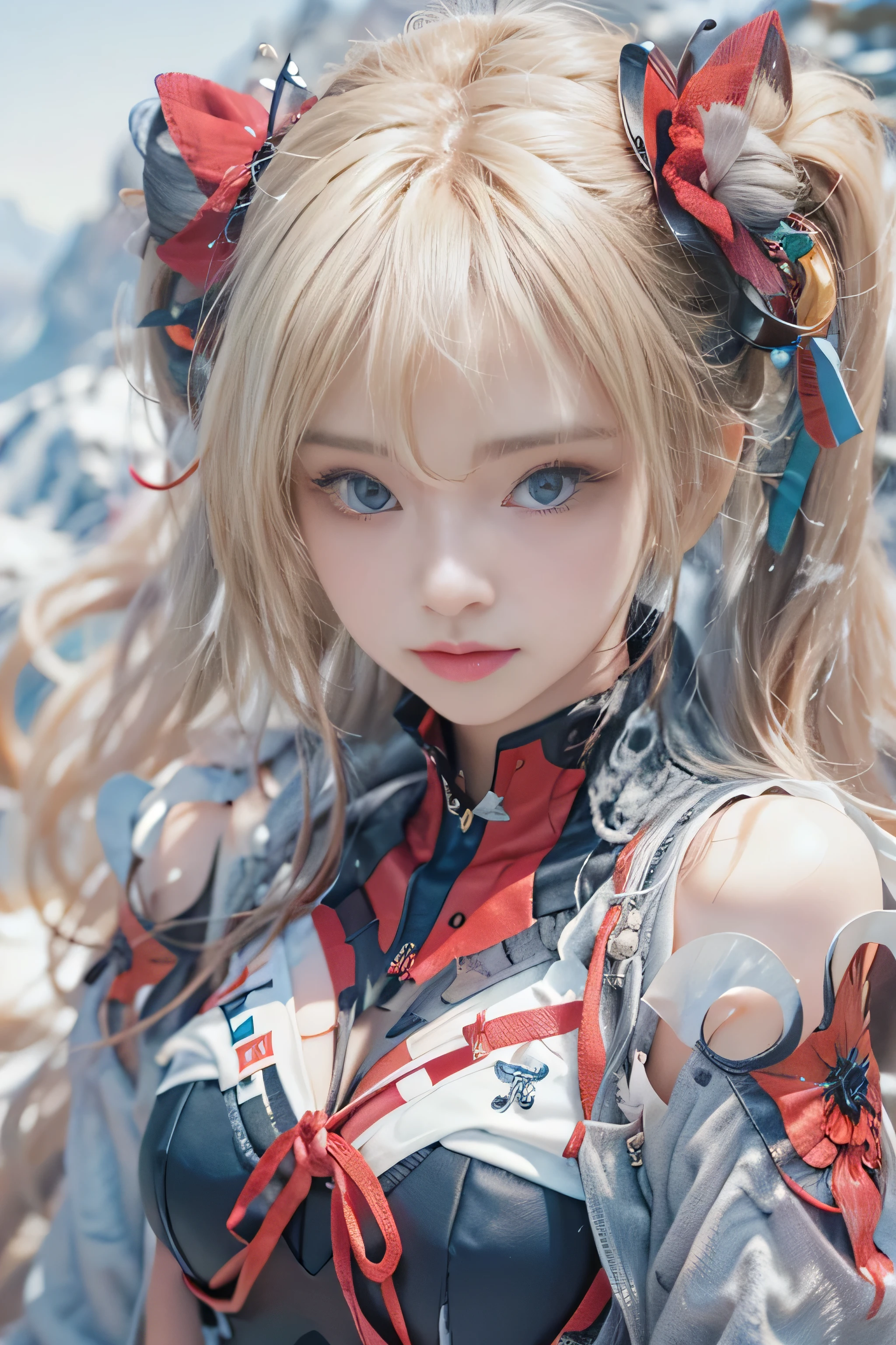 (realism:1.8、Highest image quality:1.8、8K masterpiece:1.8、High resolution、must-have:1.8)、23 year old female、Soryu Asuka Langley,(Crimson high-leg plug suit、choker,stockings)、beautiful thighs、face、detail face、detailed lip、beautiful detailed blue eyes:1.7、double eyelid:1.6、long eyelashes、beautiful skin:1.8、(looking at the camera:1.5)、(Photo seen from below:1.3)、(medium hair:1.2、twin tails、Beautiful shining blue blonde hair:1.5)、expression(stoic:1.3)、Pause(A fascinating pause:1.5)、(moderate chest:1.3)、background(Snowy mountain area:1.5)、anatomically correct、normal hands:1.5、normal finger:1:5、normal feet:1.5、(cameltoe)