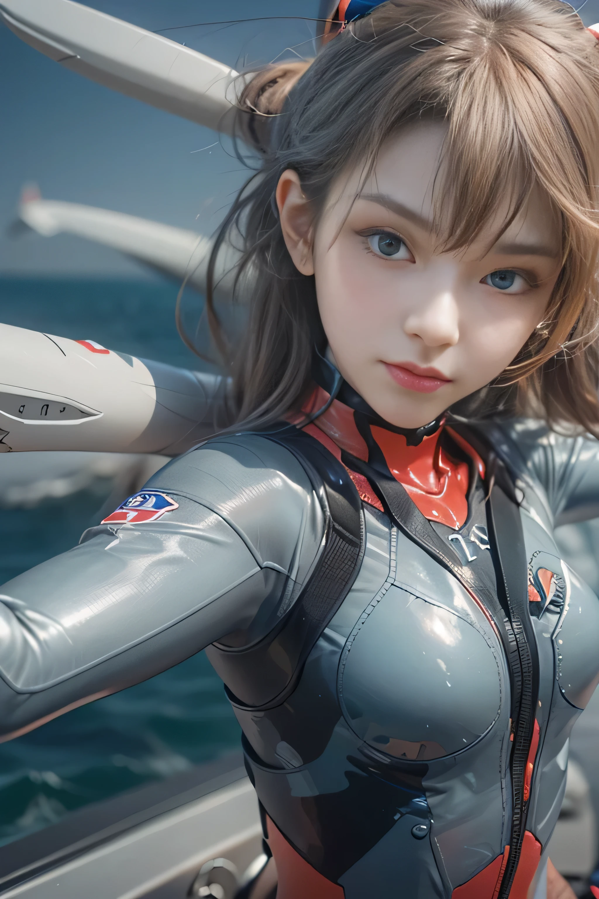 masterpiece, (full: 1.4, stand),8K, 3D, realistic, ultra micro photography, top quality, from below, ((1 female)), 25 years old, tall, thin and muscular,small face, perfect proportions, Sury Asuka Langley, sexy High leg swimsuit, Very thin and fits well Red plug suit 02, (Face Details:1.2,pretty face,blue eyes, Beautiful face, beautiful eyes, shiny eyes, thin lips, narrow eyes, thin and sharp pale eyebrows, long eyelashes, long lower eyelashes, double eyelidodel pose, visible pores, seductive smile, Very thin and fits well high gloss holographic leather, large connection terminals under the chest of precision circles, precision circular shoulder metallic and large silver connection terminals, Beautiful female hands in red titration gloves, (strong metallic shiny black tie latex on the inside of the arm), (sea: 1.3, vivid blue sky: 1.2, open sea, on board of aircraft carriers, on board battleships, strong natural light, detailed background, sunlight, exquisite lighting and shadows), dynamic angle, DSLR, sharp focus: 1.0, maximum clarity and sharpness,