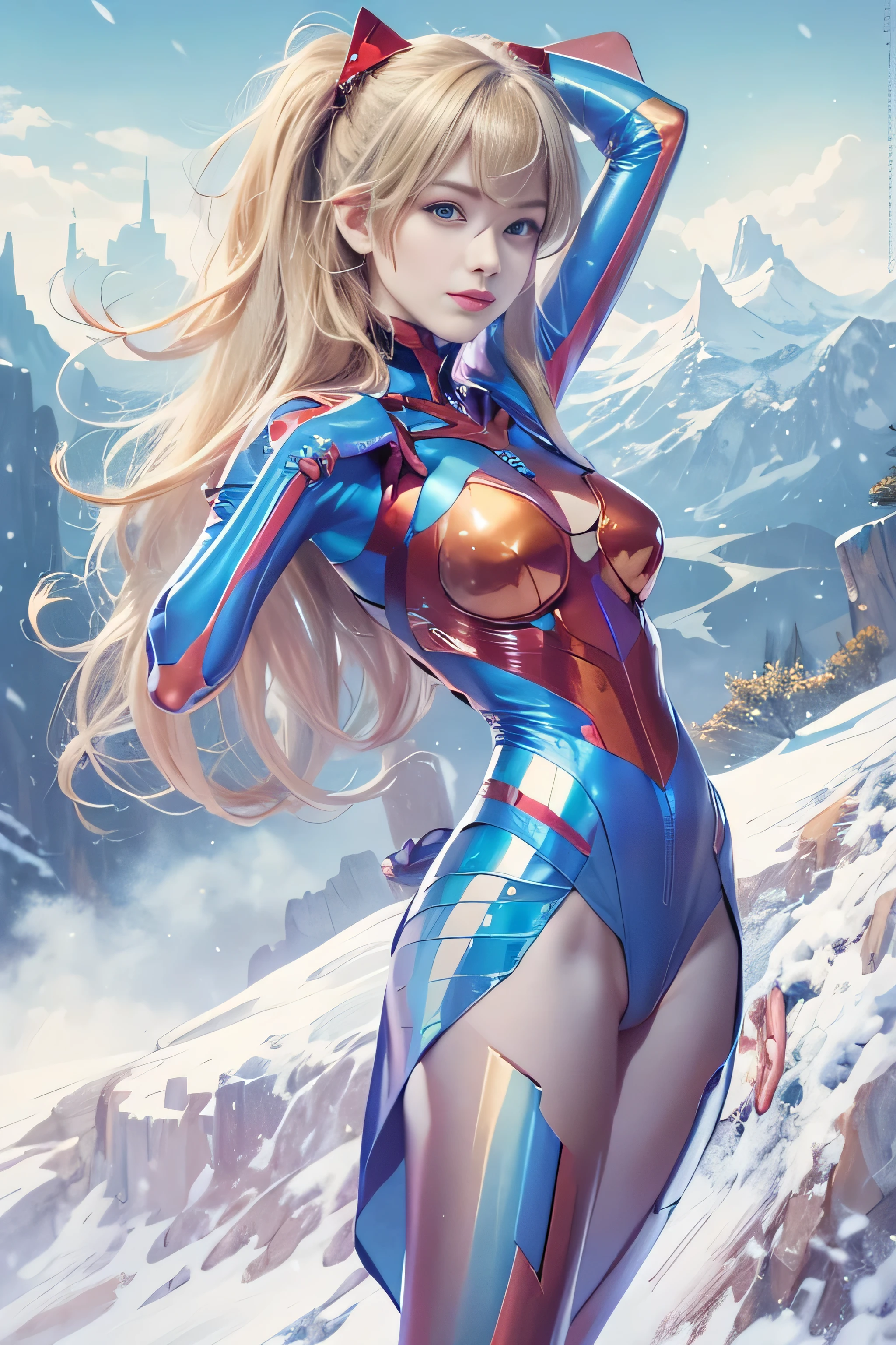 (photorealistic:1.8, highest quality:1.8,8K masterpiece:1.8,muste piece:1.8),One 23 year old woman,Soryu Asuka Langley,latex,(red plug suit,high leg swimsuit,choker),( face,details face,detailed lip,beautiful detailed blue eyes:1.7,double eyelid:1.6,long eyelashes),beautiful skin:1.8,beautiful thighs, (looking at the camera:1.5),(dynamic angle,View from the front:1.3),( midium hair:1.2,twin tails,Beautiful shining blue blonde hair:1.5), expression(Impish Smile:1.3),Pause(Seductive pose:1.5),(Moderate chest:1.3),background(snowy mountain area:1.5),anatomically correct,normal hands:1.5,normal finger:1:5,normal feet:1.5,(cameltoe)