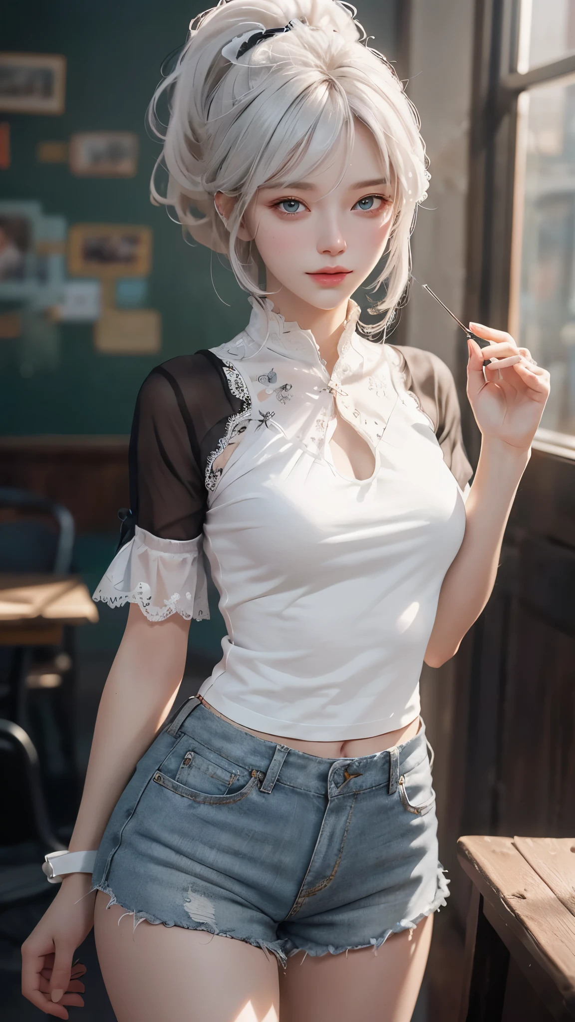 a white hair、Close-up of woman wearing white mask, beautiful figure painting, guweiz, guweiz style artwork, White-haired God, author:Yang Jie, Epic and beautiful character art, Stunning character art, author:Fan Qi, by Wuzhun Shifan, guweiz on pixiv artstation street, single ponytail, Side Mao Insult, high ponytail, tall figure, long legs, (sleeveless lace shirt), (shorts), (striped )), ((striped )), walk, elegant, dignified, feminine, Beautiful curves, sweet smile, Strong sense of detail and layering, Rich and gorgeous colors, Has a unique texture, colorful, Color harmony, vivid, design art, 16k, super detailed, {{illustration}}, {extremely delicate and beautiful}, {Sophisticated finish}, Super detailed, Exquisite glowing eyes, {{movie lighting}}, Extreme light effects, Model: realism, CFG scale: 12, lola: Bright texture (1.35), high quality, masterpiece, Exquisite facial features, Delicate hair depiction, Delicate depiction of eyes, masterpiece, best quality, Ray tracing, Extremely detailed CG unified 8k wallpaper, masterpiece, best quality, (1 girl), perfect female figure, (((tight white t shirt))), beautiful eyes, (delicate face), short black hair, hair tied up, Light blue hairpins, black silk frame glasses, in the classroom, (White skin), (best lighting), (Super intricate details), 4K unified, (super detailed CG), Showing white legs, , hot pants, shorts,