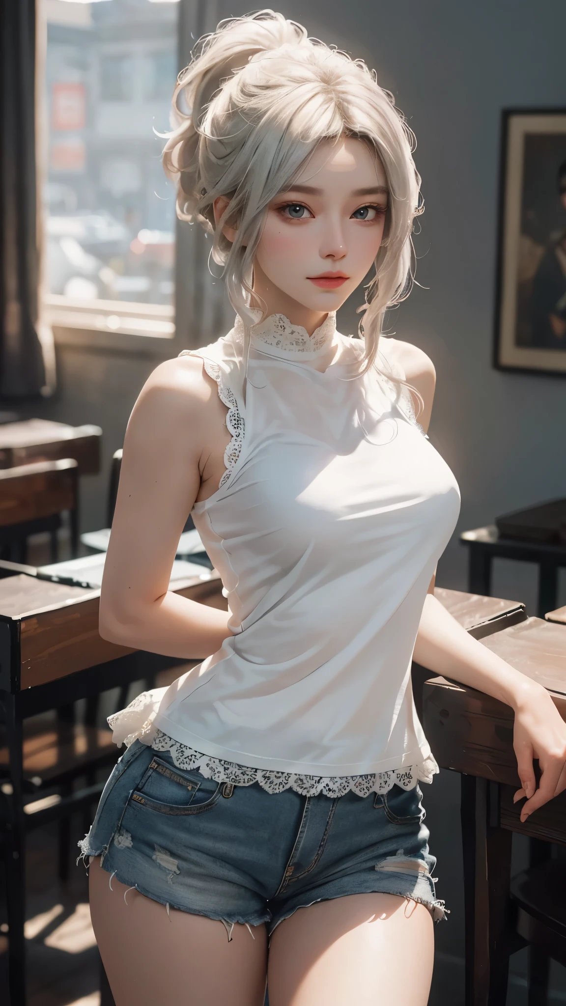 a white hair、Close-up of woman wearing white mask, beautiful figure painting, guweiz, guweiz style artwork, White-haired God, author:Yang Jie, Epic and beautiful character art, Stunning character art, author:Fan Qi, by Wuzhun Shifan, guweiz on pixiv artstation street, single ponytail, Side Mao Insult, high ponytail, tall figure, long legs, (sleeveless lace shirt), (shorts), (striped )), ((striped )), walk, elegant, dignified, feminine, Beautiful curves, sweet smile, Strong sense of detail and layering, Rich and gorgeous colors, Has a unique texture, colorful, Color harmony, vivid, design art, 16k, super detailed, {{illustration}}, {extremely delicate and beautiful}, {Sophisticated finish}, Super detailed, Exquisite glowing eyes, {{movie lighting}}, Extreme light effects, Model: realism, CFG scale: 12, lola: Bright texture (1.35), high quality, masterpiece, Exquisite facial features, Delicate hair depiction, Delicate depiction of eyes, masterpiece, best quality, Ray tracing, Extremely detailed CG unified 8k wallpaper, masterpiece, best quality, (1 girl), perfect female figure, (((tight white t shirt))), beautiful eyes, (delicate face), short black hair, hair tied up, Light blue hairpins, black silk frame glasses, in the classroom, (White skin), (best lighting), (Super intricate details), 4K unified, (super detailed CG), Showing white legs, , hot pants, shorts,