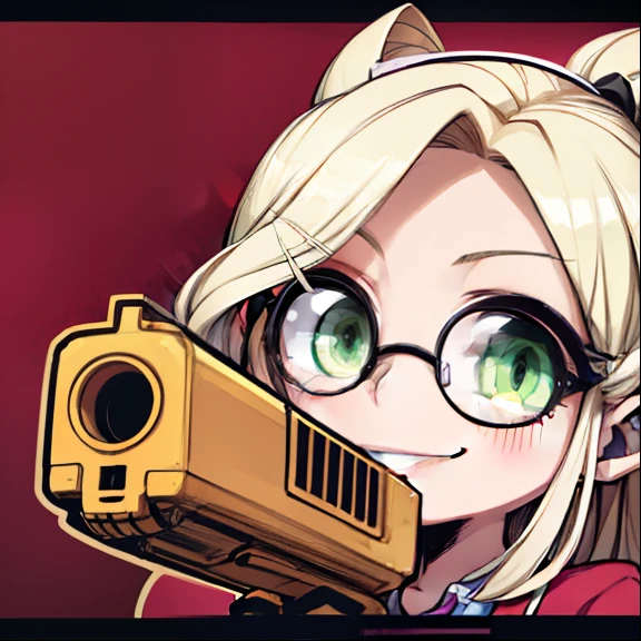 Blonde hair, (glasses), green eyes, holding gun, smiling, blush, pink bow, juicy lips