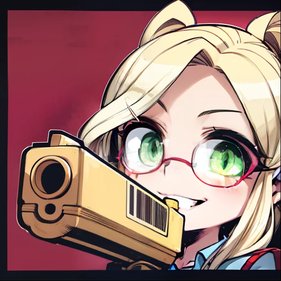 Blonde hair, (glasses), green eyes, holding gun, smiling, blush, pink bow, juicy lips