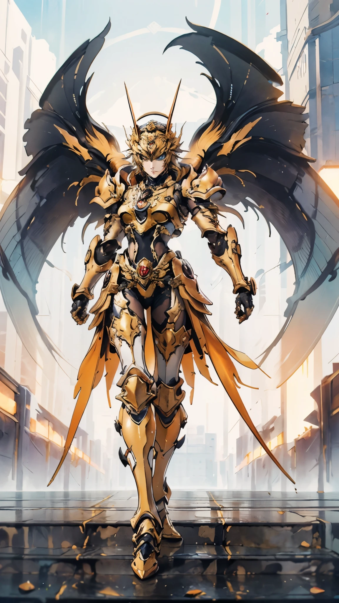 A woman adorned in fantasy-style full-body armor, a crown-concept fully enclosed helmet that unveils only her eyes, a composite layered chest plate, fully encompassing shoulder and hand guards, a lightweight waist armor, form-fitting shin guards, the overall design is heavy-duty yet flexible, ((the armor gleams with a golden glow, complemented by red and blue accents)), exhibiting a noble aura, she floats above a fantasy-surreal high-tech city, this character embodies a finely crafted fantasy-surreal style armored hero in anime style, exquisite and mature manga art style, (Queen bee mixed with Spider concept Armor, plasma, blood), ((Element, energy, elegant, goddess, femminine:1.5)), metallic, high definition, best quality, highres, ultra-detailed, ultra-fine painting, extremely delicate, professional, anatomically correct, symmetrical face, extremely detailed eyes and face, high quality eyes, creativity, RAW photo, UHD, 32k, Natural light, cinematic lighting, masterpiece-anatomy-perfect, masterpiece:1.5