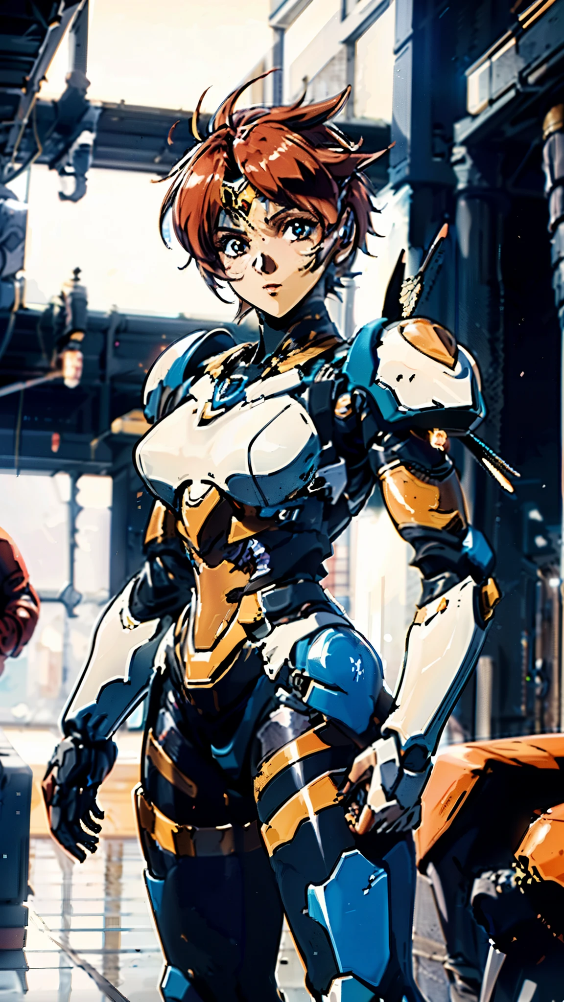 A woman adorned in fantasy-style full-body armor, a crown-concept fully enclosed helmet that unveils only her eyes, a composite layered chest plate, fully encompassing shoulder and hand guards, a lightweight waist armor, form-fitting shin guards, the overall design is heavy-duty yet flexible, ((the armor gleams with a golden glow, complemented by red and blue accents)), exhibiting a noble aura, she floats above a fantasy-surreal high-tech city, this character embodies a finely crafted fantasy-surreal style armored hero in anime style, exquisite and mature manga art style, (Queen bee mixed with Spider concept Armor, plasma, blood), ((Element, energy, elegant, goddess, femminine:1.5)), metallic, high definition, best quality, highres, ultra-detailed, ultra-fine painting, extremely delicate, professional, anatomically correct, symmetrical face, extremely detailed eyes and face, high quality eyes, creativity, RAW photo, UHD, 32k, Natural light, cinematic lighting, masterpiece-anatomy-perfect, masterpiece:1.5