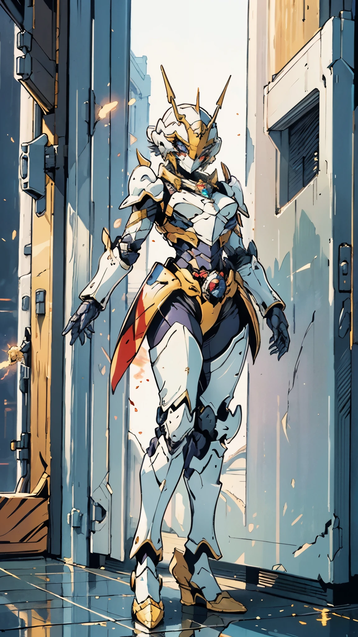A woman adorned in fantasy-style full-body armor, a crown-concept fully enclosed helmet that unveils only her eyes, a composite layered chest plate, fully encompassing shoulder and hand guards, a lightweight waist armor, form-fitting shin guards, the overall design is heavy-duty yet flexible, ((the armor gleams with a golden glow, complemented by red and blue accents)), exhibiting a noble aura, she floats above a fantasy-surreal high-tech city, this character embodies a finely crafted fantasy-surreal style armored hero in anime style, exquisite and mature manga art style, (Queen bee mixed with Spider concept Armor, plasma, blood), ((Element, energy, elegant, goddess, femminine:1.5)), metallic, high definition, best quality, highres, ultra-detailed, ultra-fine painting, extremely delicate, professional, anatomically correct, symmetrical face, extremely detailed eyes and face, high quality eyes, creativity, RAW photo, UHD, 32k, Natural light, cinematic lighting, masterpiece-anatomy-perfect, masterpiece:1.5