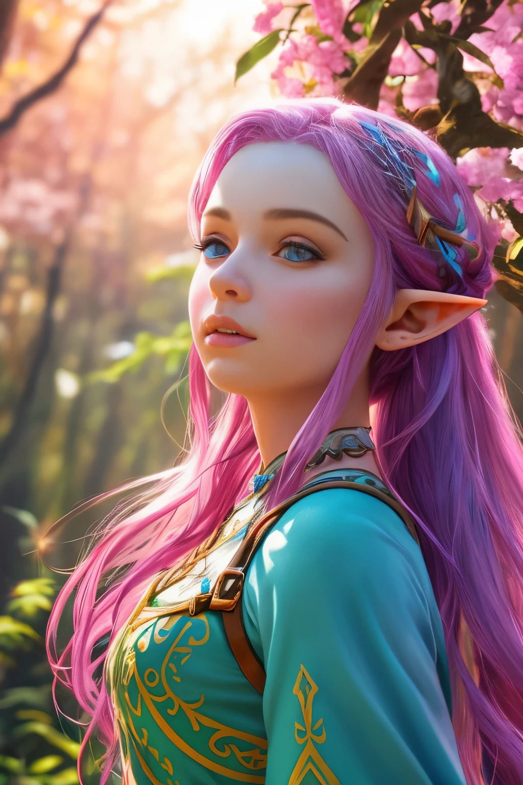 A breathtaking, close-up timed shot in a magical forest scenery, featuring a captivating female with multi pink color hair, adorned with soft particles of fractal energy, reflecting the ethereal beauty of her surroundings. her skin texture is masterfully captured in Canon's most realistic depth of field, enhanced by the vibrant, vivid colors and highest detailed particles of light.With the enchanting backdrop of The Legend of Zelda: Breath of the Wild, her perfect anatomy is showcased in the whole body shot from a faraway cowboy-esque angle. The breathtaking scene is further elevated by cinematic angle and lights, creating a