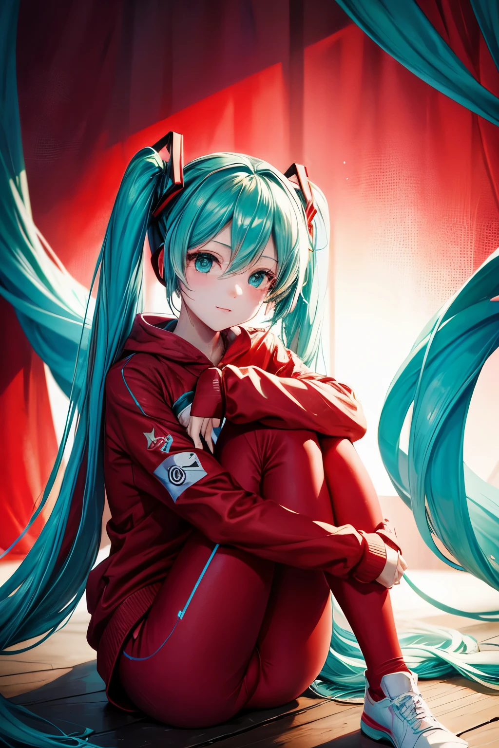 generate and image of hatsune miku wearing red leggings and a red sweatshirt with the USSR flag on the chest sitting holding her knees to her chest