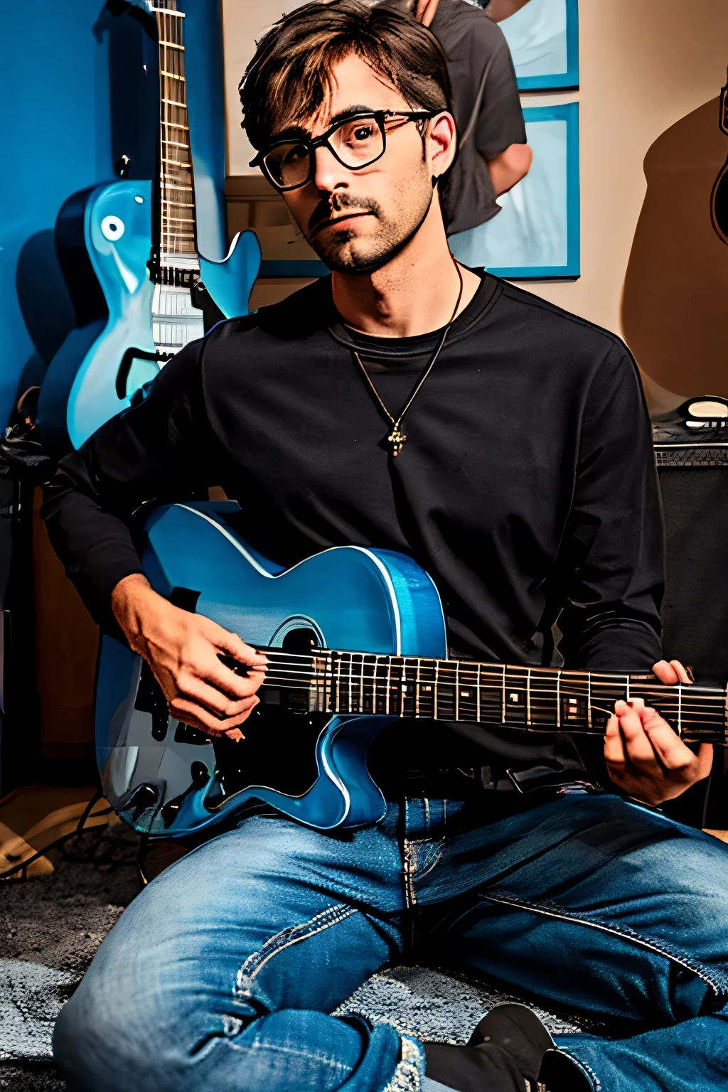 arafed man sitting on the floor playing a blue guitar, playing the guitar, holding a blue guitar, playing a blue guitar, detailed portrait shot, man playing a blue guitar, playing blue guitar, playing blue guitars, holding an blue electric guitar, close up portrait shot, holding a blue electric guitar, guitarist, holding blue electric guitar, music being played, the guitar player, jamming to music, playing blue electric guitar wearing black shirt and black jeans