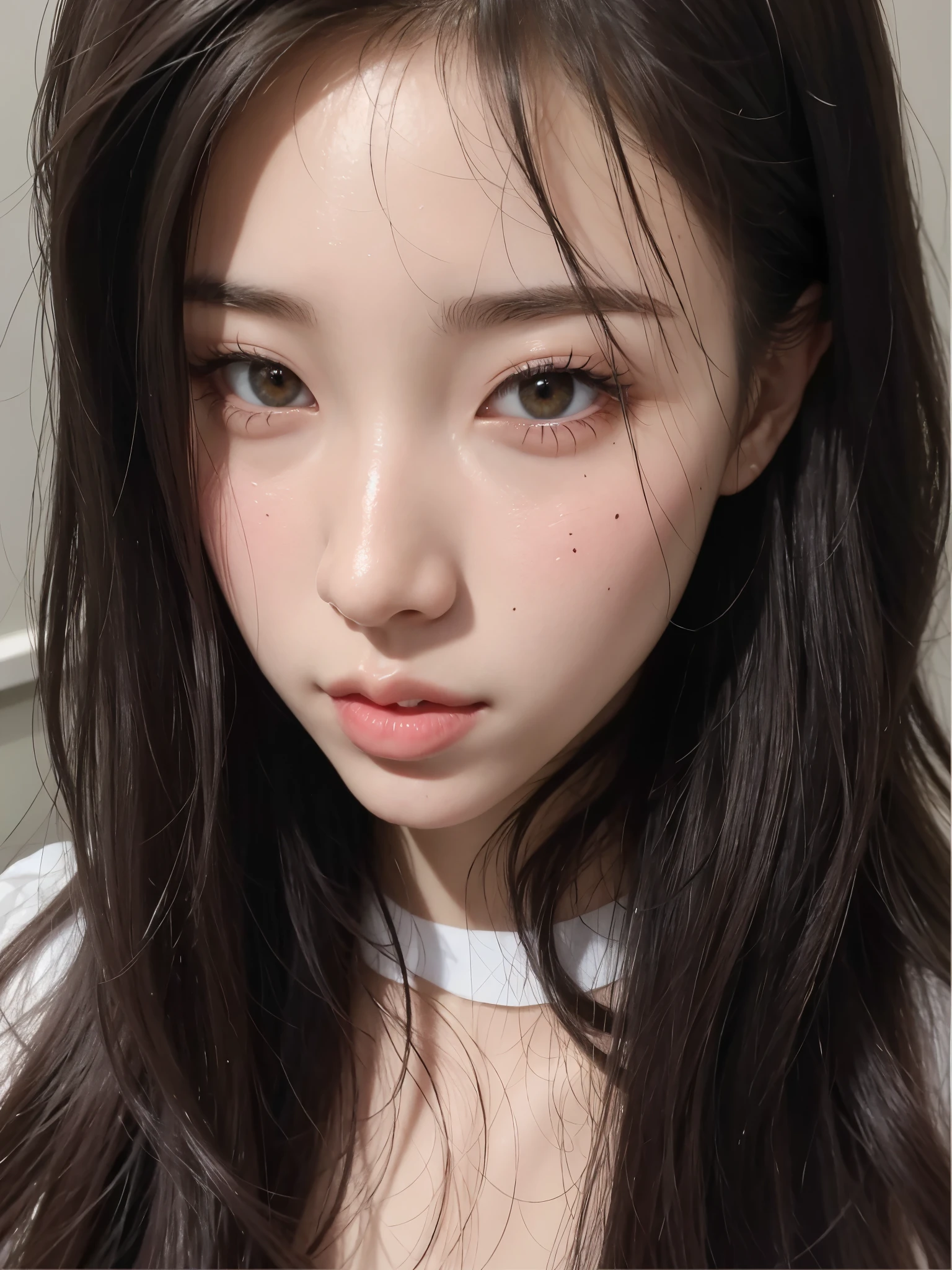 um close de uma mulher com cabelos longos e uma camisa branca, young lovely korean face, Korean facial features, adorable and pale korean face, lindo rosto delicado, rosto de anime natural fofo, fotografia selfie 8k, pale round face, olhos suaves e queixo estreito, young pale and beautiful asian face, lindo rosto delicado, korean symmetrical face, beautiful aesthetic face, rosto bonito e claro