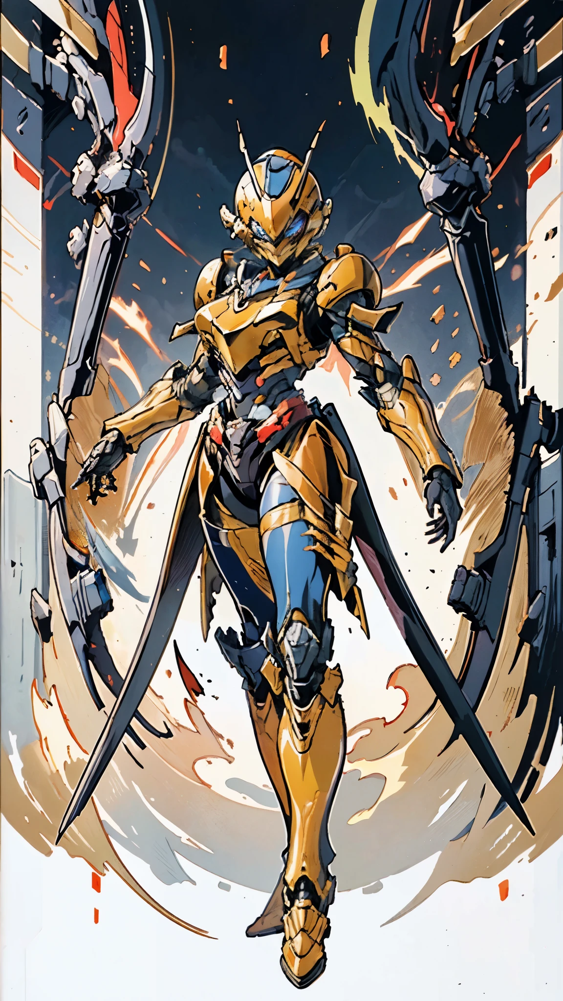 A woman adorned in fantasy-style full-body armor, a crown-concept fully enclosed helmet that unveils only her eyes, a composite layered chest plate, fully encompassing shoulder and hand guards, a lightweight waist armor, form-fitting shin guards, the overall design is heavy-duty yet flexible, ((the armor gleams with a golden glow, complemented by red and blue accents)), exhibiting a noble aura, she floats above a fantasy-surreal high-tech city, this character embodies a finely crafted fantasy-surreal style armored hero in anime style, exquisite and mature manga art style, (Queen bee mixed with Spider concept Armor, plasma, blood), ((Element, energy, elegant, goddess, femminine:1.5)), metallic, high definition, best quality, highres, ultra-detailed, ultra-fine painting, extremely delicate, professional, anatomically correct, symmetrical face, extremely detailed eyes and face, high quality eyes, creativity, RAW photo, UHD, 32k, Natural light, cinematic lighting, masterpiece-anatomy-perfect, masterpiece:1.5