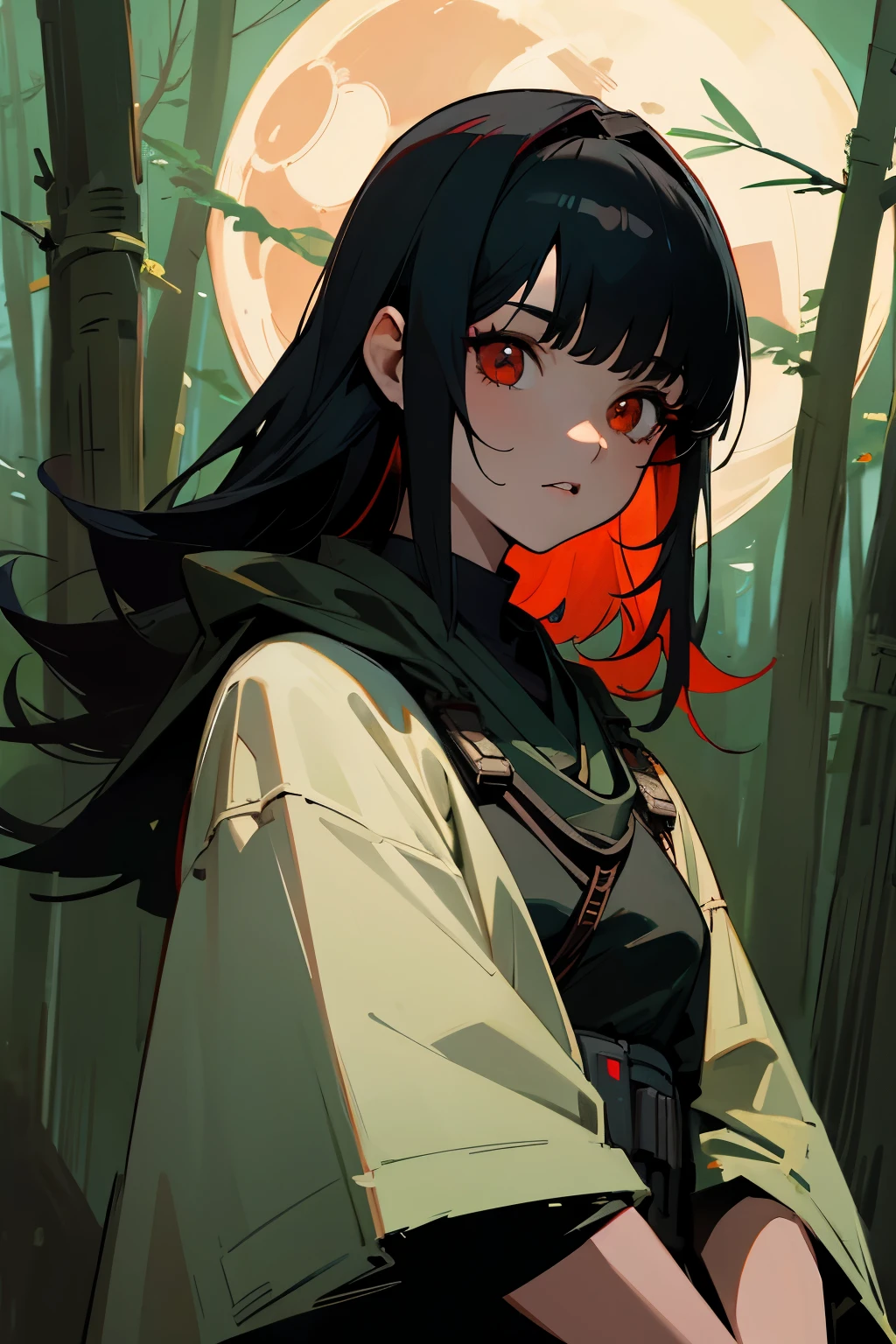 bounty hunter, star wars, forest background, moonlight, mask covering lower mouth, black hair, red eyes, young female