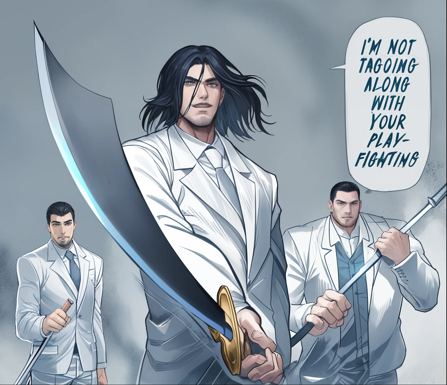 Imagen de unos hombres con ropa formal de color blanco, armados, the man in the foreground wields a sword, fondo blanco.