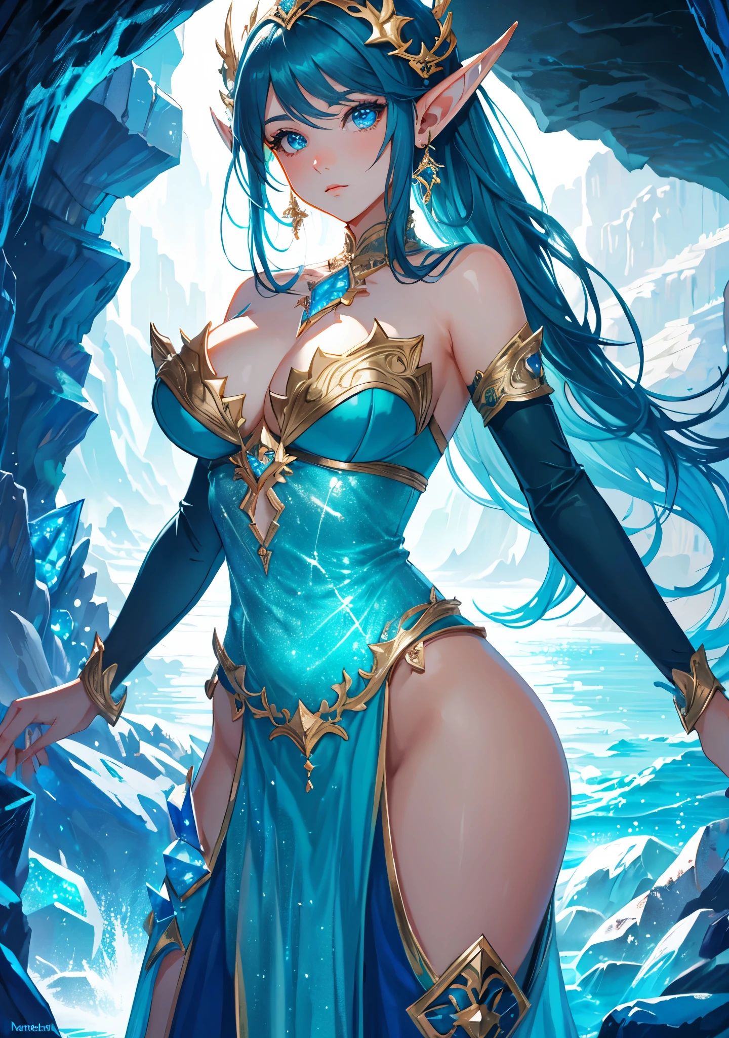 Beautiful, Detailed, Masterpeice, Desktop, 8k, 4k, Caverns, Crystalined, Crystal Elf, Woman, Ocean Eyes, Fantastical, Amazing Quality, Illuminated Lighting,
