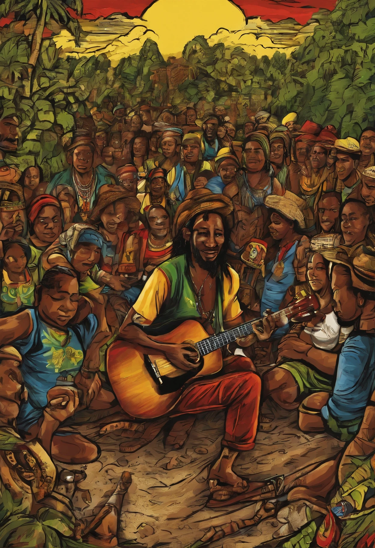 reggae jamaica, people in a square in Jamaica listening to a man playing guitar sitting on the sidewalk. Pure reggae vibes