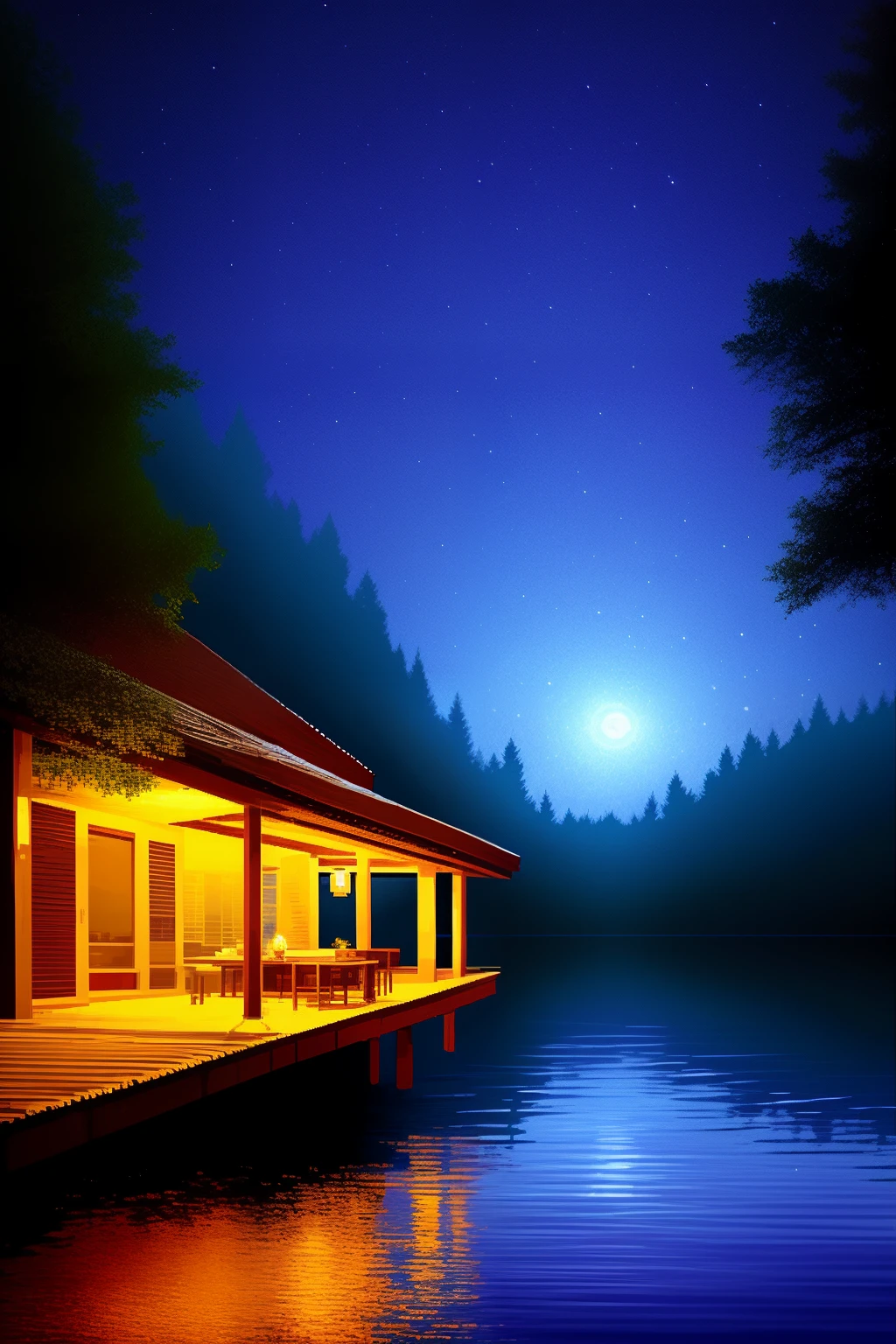 Atmospheric pixel art, a close up shot of a woman in a lake on a balcony at night, Intricate, High Detail, dramatic, trees, blue water, forest animals