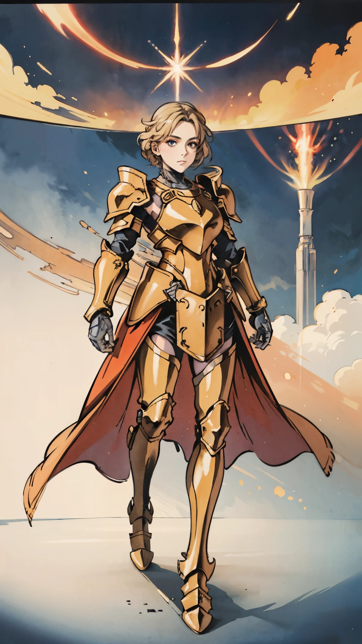 A woman adorned in fantasy-style full-body armor, a crown-concept fully enclosed helmet that unveils only her eyes, a composite layered chest plate, fully encompassing shoulder and hand guards, a lightweight waist armor, form-fitting shin guards, the overall design is heavy-duty yet flexible, ((the armor gleams with a golden glow, complemented by red and blue accents)), exhibiting a noble aura, she floats above a fantasy-surreal high-tech city, this character embodies a finely crafted fantasy-surreal style armored hero in anime style, exquisite and mature manga art style, (Queen bee mixed with Spider concept Armor, plasma, blood), ((Element, energy, elegant, goddess, femminine:1.5)), metallic, high definition, best quality, highres, ultra-detailed, ultra-fine painting, extremely delicate, professional, anatomically correct, symmetrical face, extremely detailed eyes and face, high quality eyes, creativity, RAW photo, UHD, 32k, Natural light, cinematic lighting, masterpiece-anatomy-perfect, masterpiece:1.5