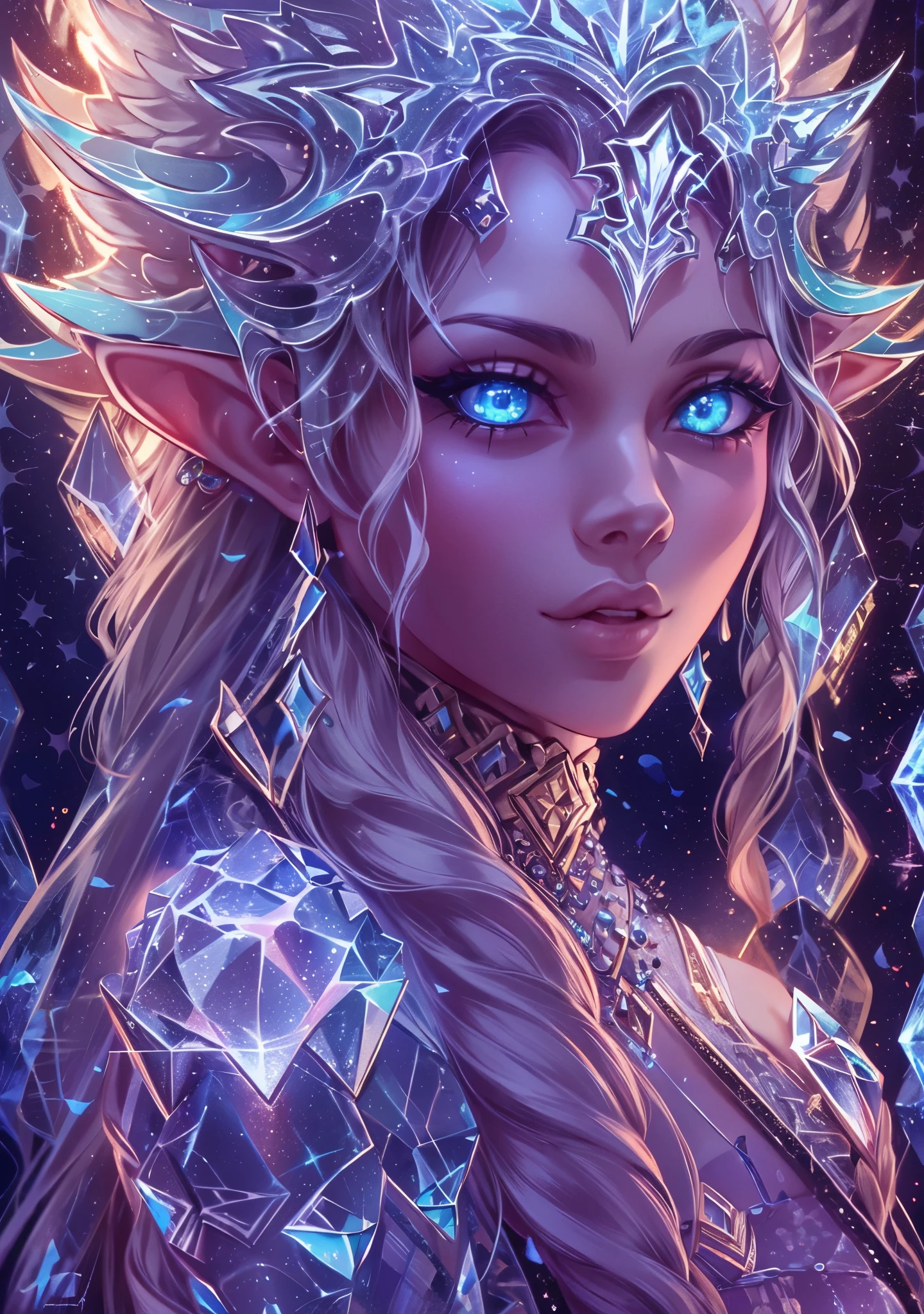 Beautiful, Detailed, Masterpeice, Desktop, 8k, 4k, Caverns, Crystalined, Crystal Elf, Woman, Ocean Eyes, Fantastical, Amazing Quality, Illuminated Lighting,
