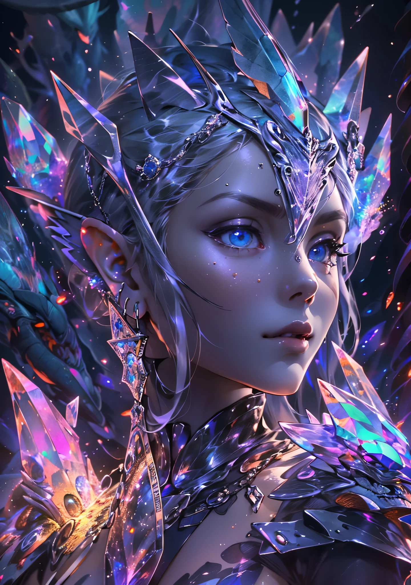 Beautiful, Detailed, Masterpeice, Desktop, 8k, 4k, Caverns, Crystalined, Crystal Elf, Woman, Ocean Eyes, Fantastical, Amazing Quality, Illuminated Lighting,
