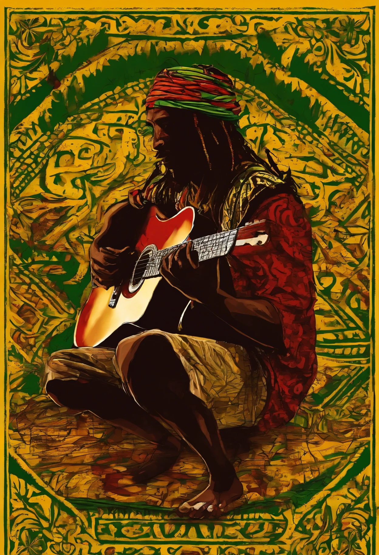 reggae jamaica, people in a square in Jamaica listening to a man playing guitar sitting on the sidewalk. Pure reggae vibes