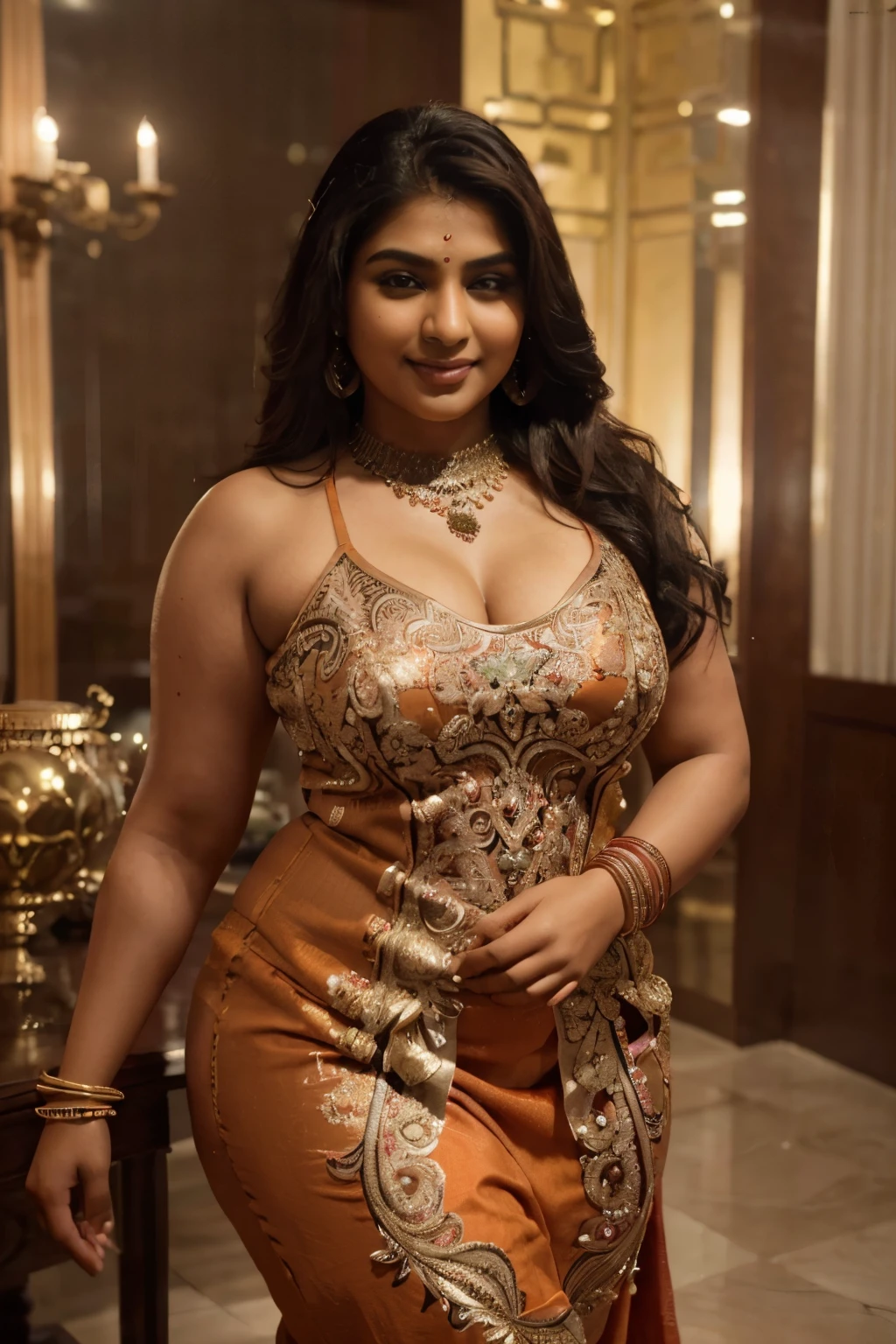 (best quality:1.15, masterpiece) Indian woman wearing orange (Indian designer dress), (curvy body), (chubby cheeks), 20 years old, (bangles), An Indian (desi) beauty, charismatic, dark-skin, view the viewer, naughty smile, luxurious villa, intricate detail, (ArtStation:1.5) (ultra high res,photorealistic:1.4,UHD)