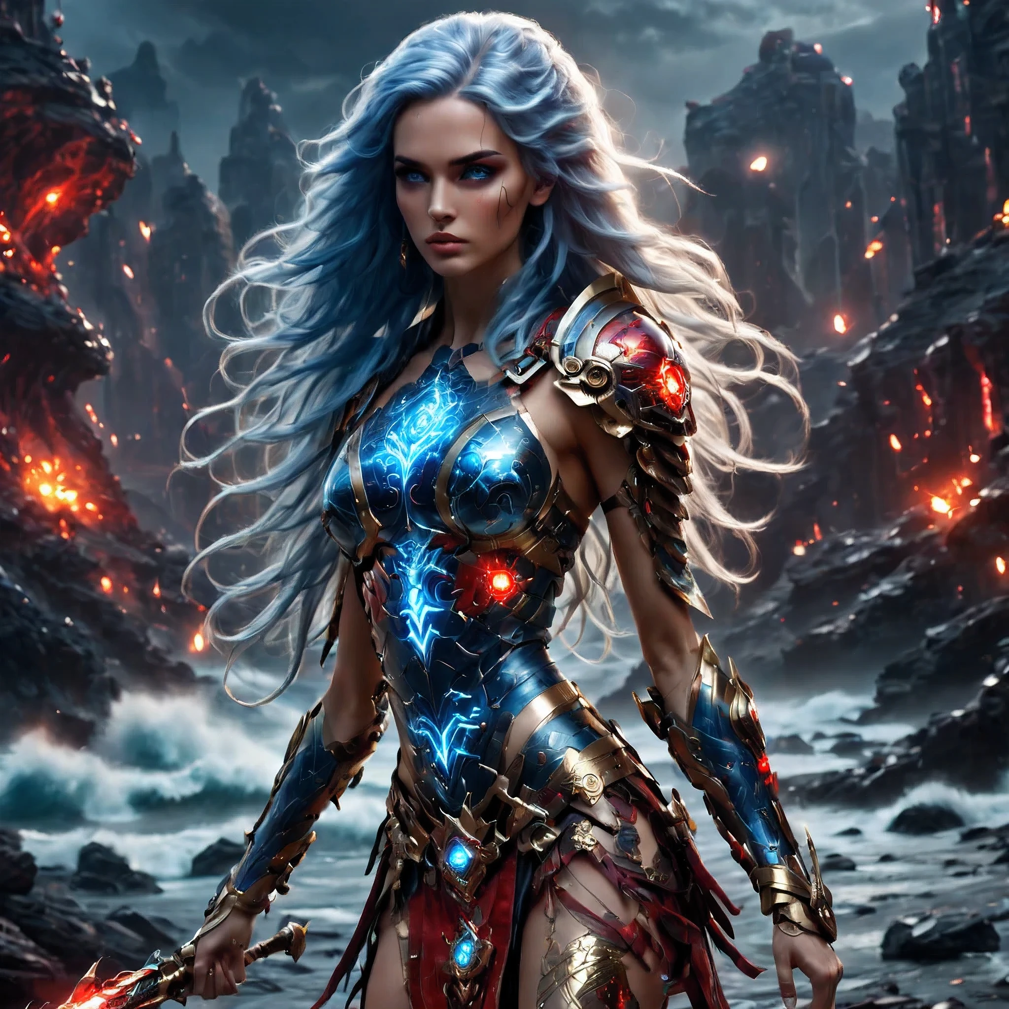 (ultra-realistic),mix of fantasy and dark sci-fi, ultra-realistic photo of full body, ancient woman,  25 years old, strong, beautyfull ancient goddess of war in futuristic world, glowin eyes, long blue hair with red highlights, combed strongly back, a few strands fall on the face. She's wearing transparent tunic and light armor, dangerous and angry look, beautifull long legs. magical glowing tattoos on neck and arms. little Dark makeup. red and black and gold ornaments on armor, powerfull, magical, stands in a dynamic action pose on clif inbmiuntains. she hold big spear. imersive background with alien Water planet and city landscape, film grain, depth of field, HDR, RAW photo, best quality, masterpieces, Cinematic, Cinematic Shot, Cinematic Lighting