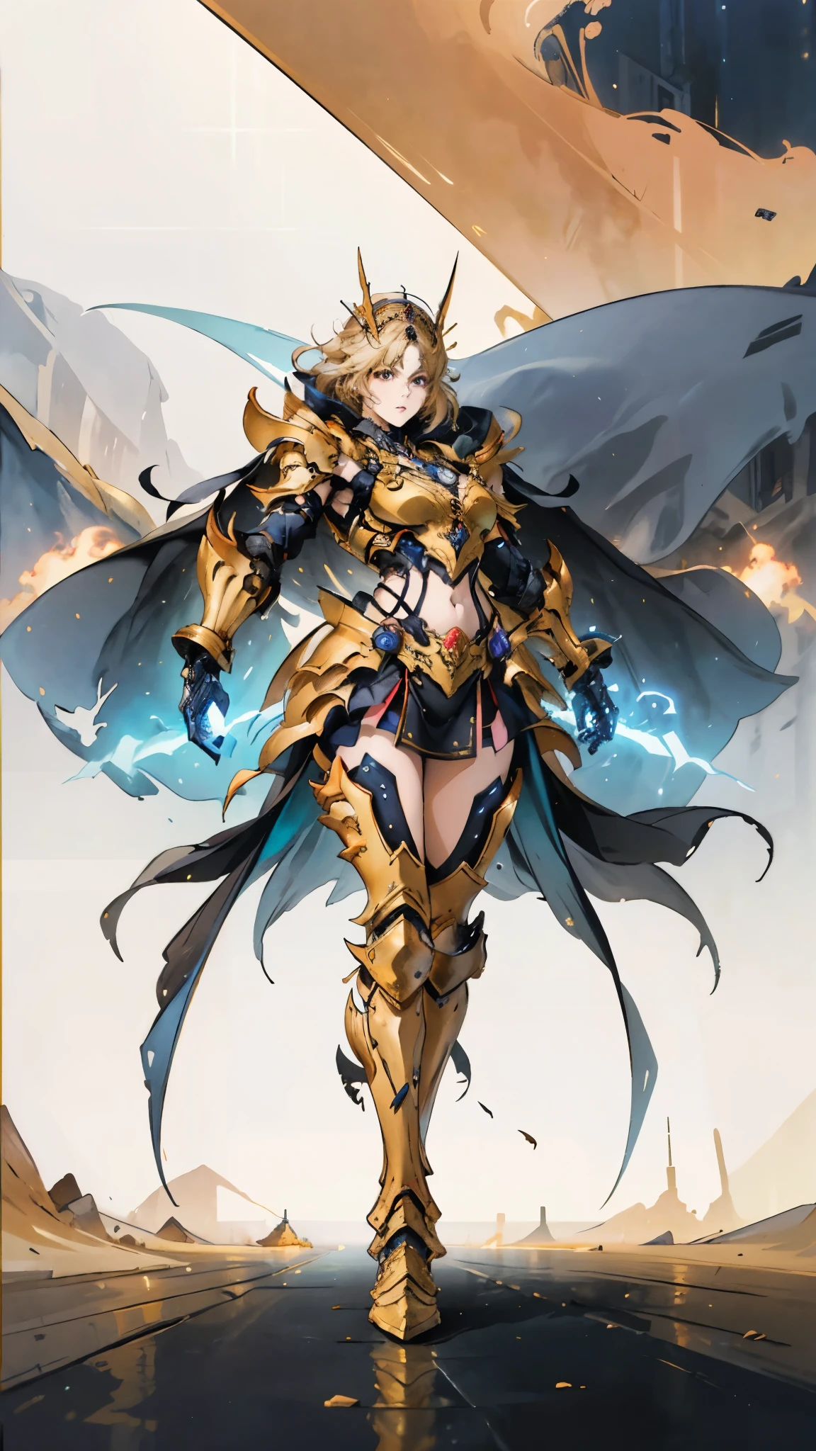 A woman adorned in fantasy-style full-body armor, a crown-concept fully enclosed helmet that unveils only her eyes, a composite layered chest plate, fully encompassing shoulder and hand guards, a lightweight waist armor, form-fitting shin guards, the overall design is heavy-duty yet flexible, ((the armor gleams with a golden glow, complemented by red and blue accents)), exhibiting a noble aura, she floats above a fantasy-surreal high-tech city, this character embodies a finely crafted fantasy-surreal style armored hero in anime style, exquisite and mature manga art style, (Queen bee mixed with Spider concept Armor, plasma, blood), ((Element, energy, elegant, goddess, femminine:1.5)), metallic, high definition, best quality, highres, ultra-detailed, ultra-fine painting, extremely delicate, professional, anatomically correct, symmetrical face, extremely detailed eyes and face, high quality eyes, creativity, RAW photo, UHD, 32k, Natural light, cinematic lighting, masterpiece-anatomy-perfect, masterpiece:1.5