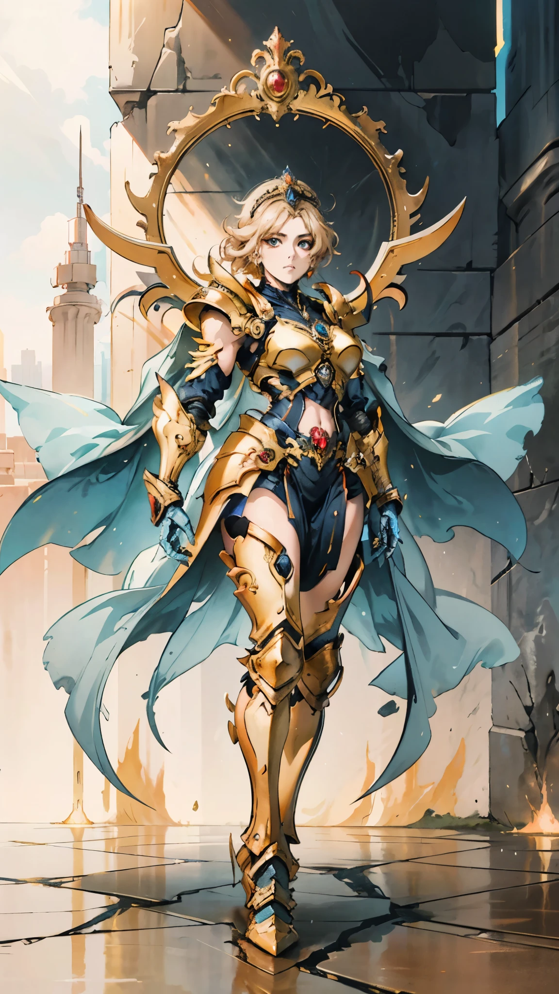 A woman adorned in fantasy-style full-body armor, a crown-concept fully enclosed helmet that unveils only her eyes, a composite layered chest plate, fully encompassing shoulder and hand guards, a lightweight waist armor, form-fitting shin guards, the overall design is heavy-duty yet flexible, ((the armor gleams with a golden glow, complemented by red and blue accents)), exhibiting a noble aura, she floats above a fantasy-surreal high-tech city, this character embodies a finely crafted fantasy-surreal style armored hero in anime style, exquisite and mature manga art style, (Queen bee mixed with Spider concept Armor, plasma, blood), ((Element, energy, elegant, goddess, femminine:1.5)), metallic, high definition, best quality, highres, ultra-detailed, ultra-fine painting, extremely delicate, professional, anatomically correct, symmetrical face, extremely detailed eyes and face, high quality eyes, creativity, RAW photo, UHD, 32k, Natural light, cinematic lighting, masterpiece-anatomy-perfect, masterpiece:1.5