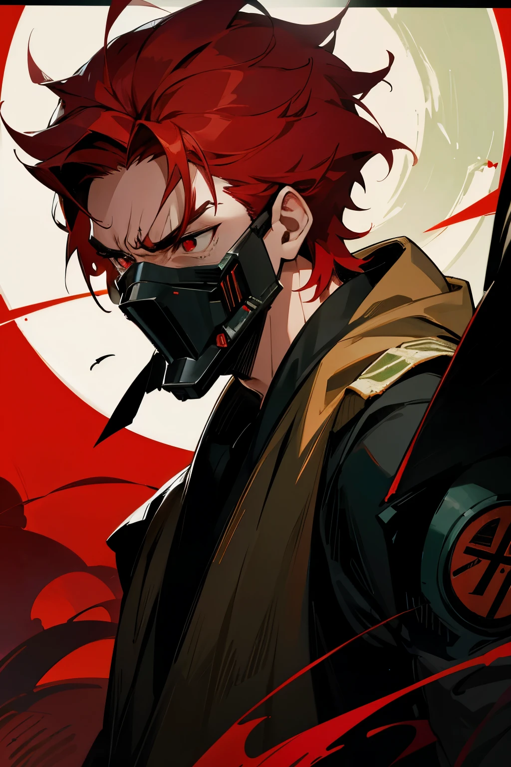 bounty hunter, star wars, forest background, moonlight, mask covering lower mouth, red hair, red eyes, young male, angry, muscular