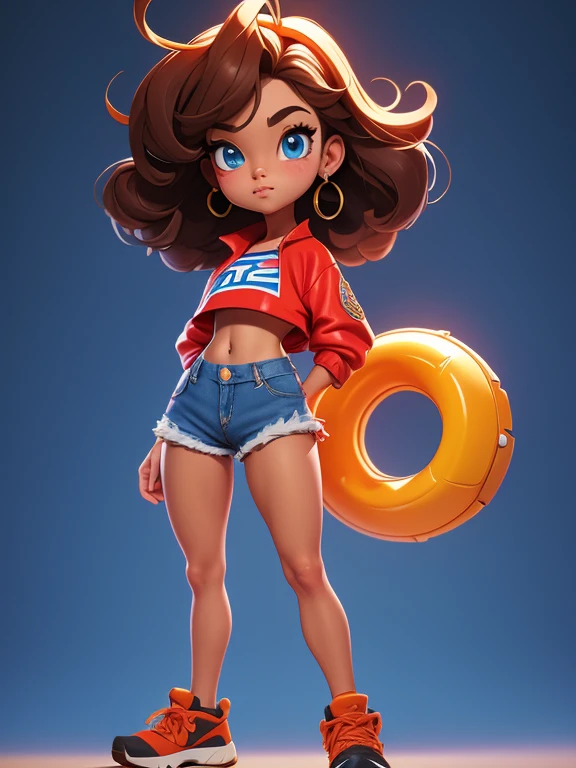 portrait, full body, oil painting style, oil painting, big anime eyes, crop top, denim shorts, very tiny shorts